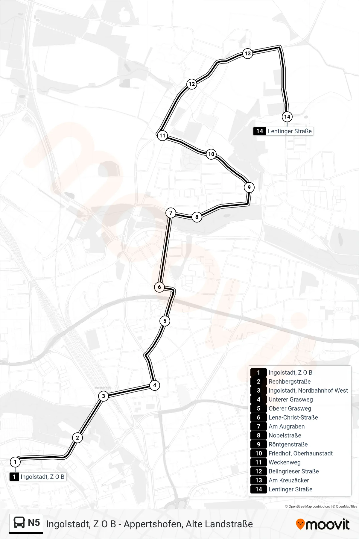 N5 bus Line (Oberhaunstadt) route and stops on a map