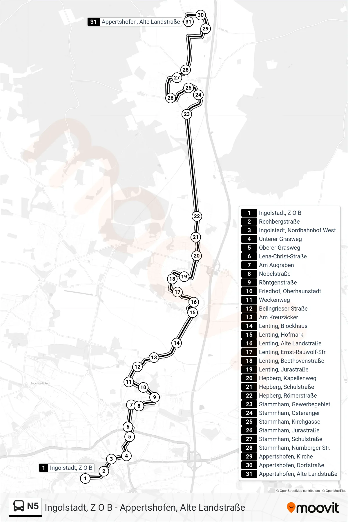 N5 bus Line (Appertshofen) route and stops on a map