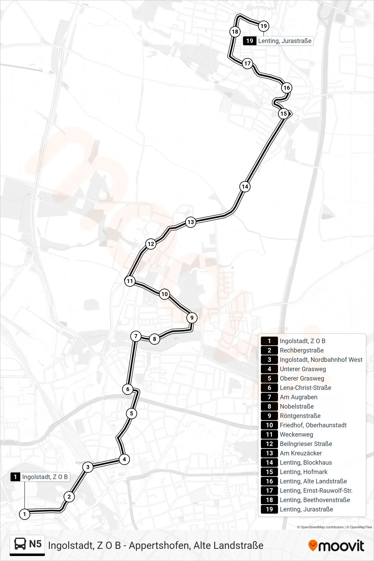 Linie N5 (Bus) Richtung Lenting: Route und Haltestellen auf der Karte
