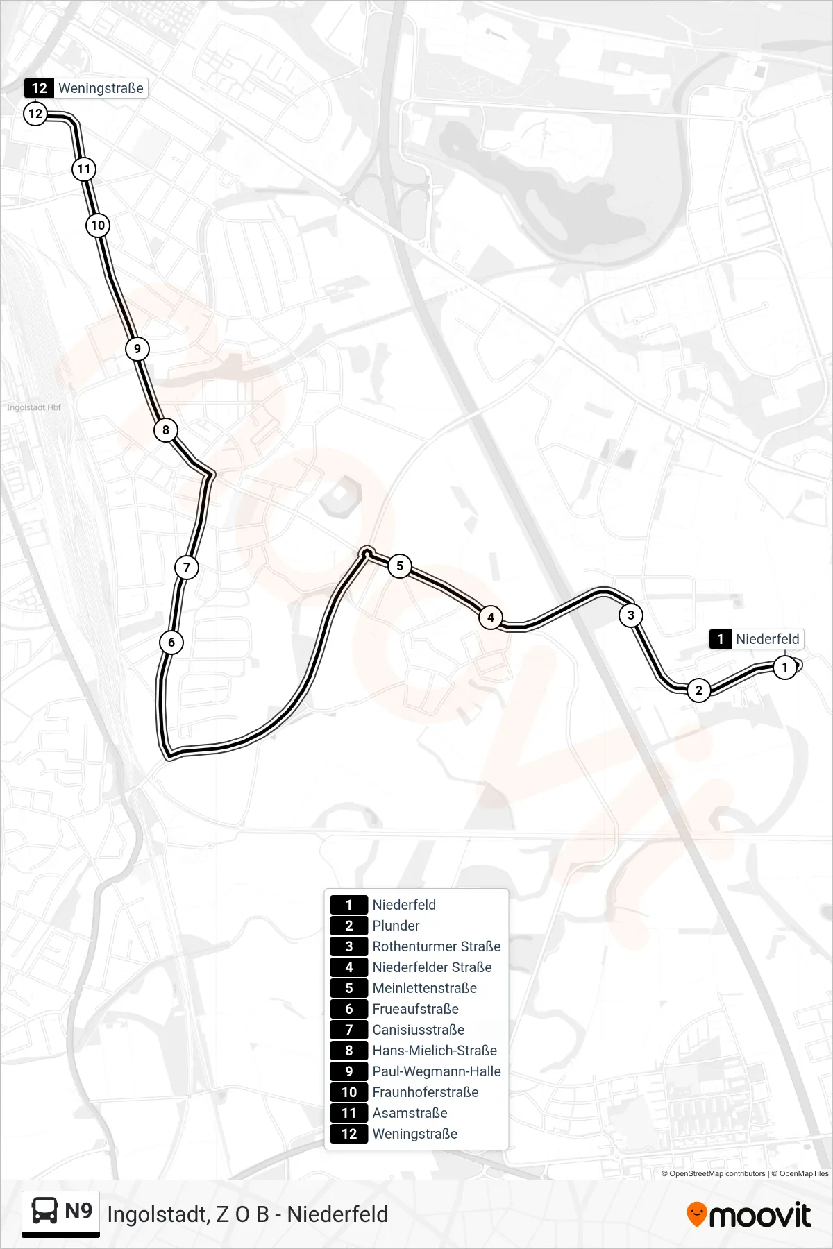 Linie N9 (Bus) Richtung Ringsee: Route und Haltestellen auf der Karte