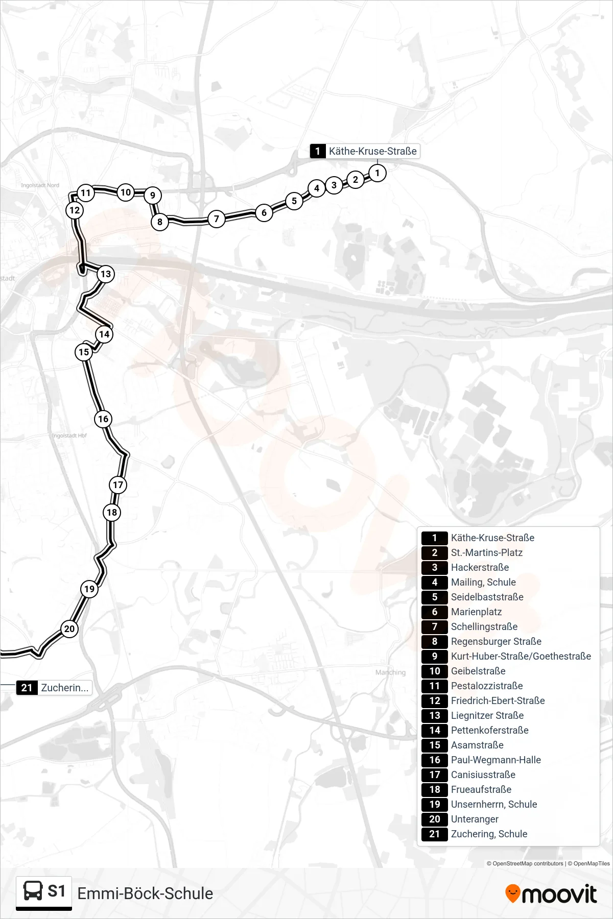 S1 bus Line (Emmi-Böck-Schule) route and stops on a map