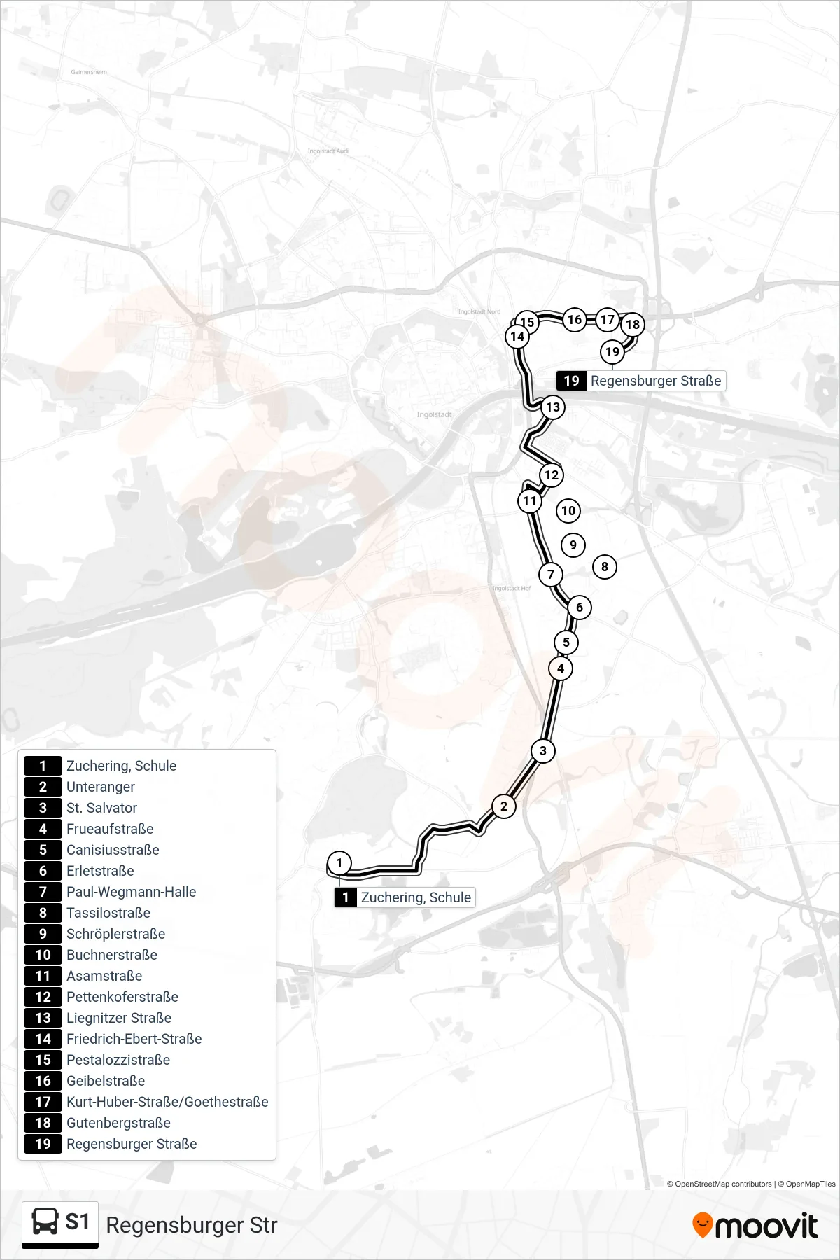 Linie S1 (Bus) Richtung Regensburger Str: Route und Haltestellen auf der Karte