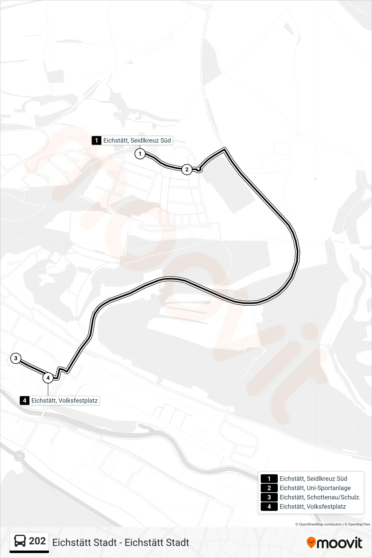 202 bus Line (Volksfestplatz) route and stops on a map