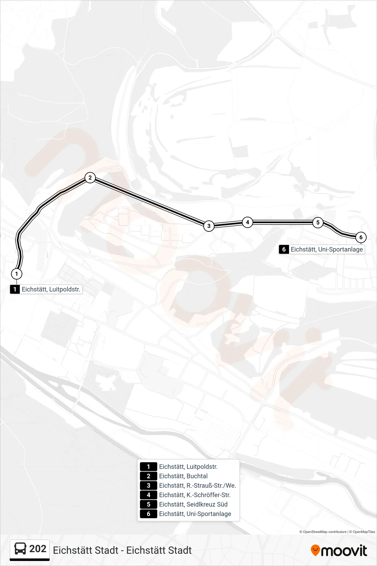 202 bus Line (Uni-Sportanlage) route and stops on a map