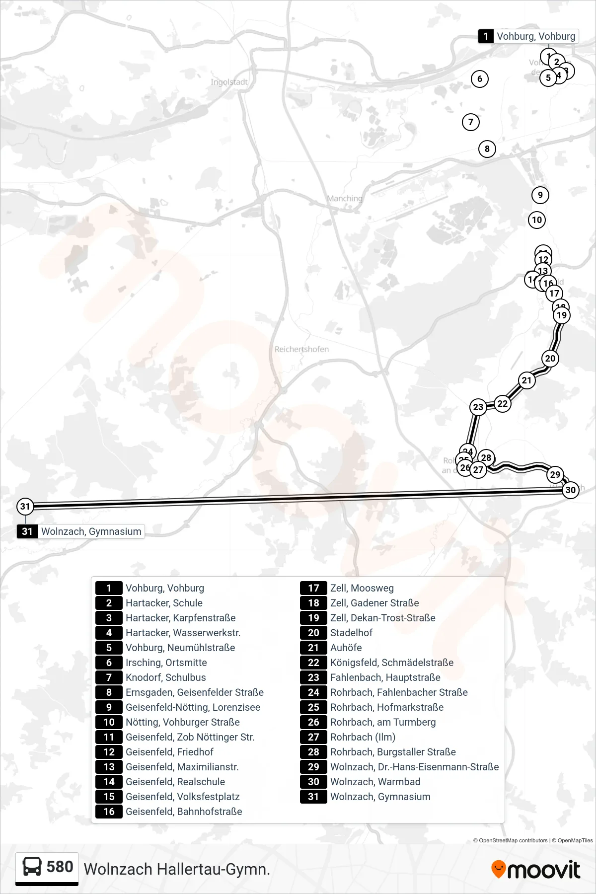 Linie 580 (Bus) Richtung Wolnzach Hallertau-Gymn.: Route und Haltestellen auf der Karte