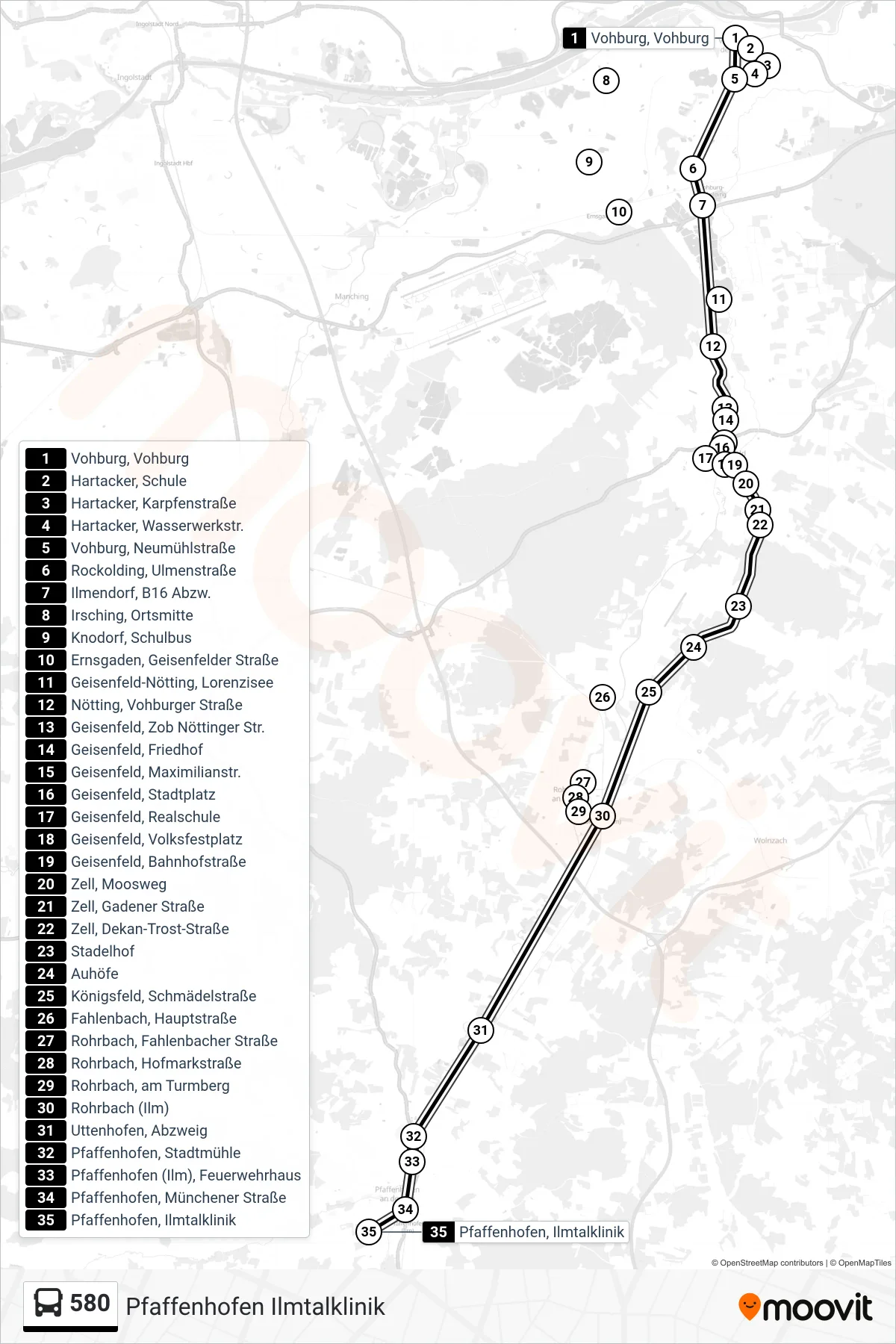 580 bus Line (Pfaffenhofen Ilmtalklinik) route and stops on a map