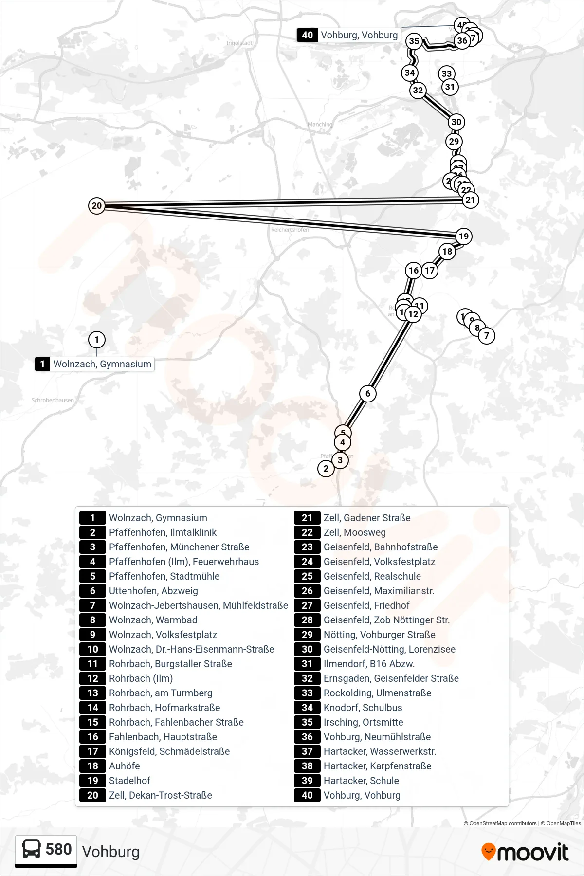 Linie 580 (Bus) Richtung Vohburg: Route und Haltestellen auf der Karte