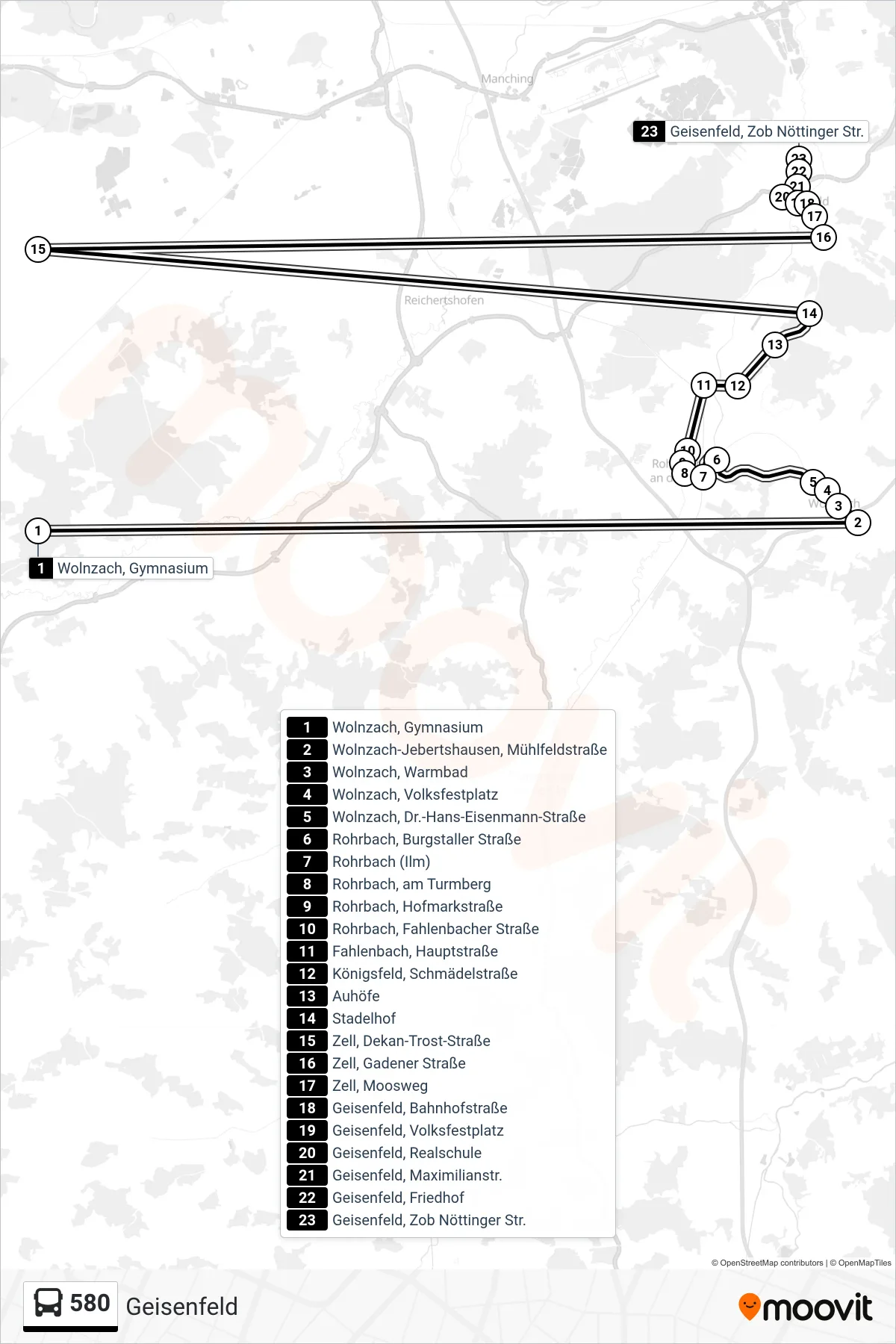 580 bus Line (Geisenfeld) route and stops on a map