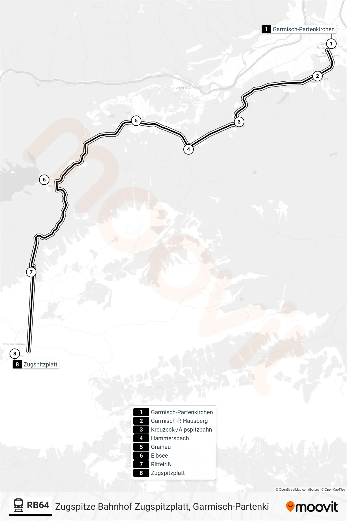 RB64 train Line (Zugspitze Bahnhof Zugspitzplatt, Garmisch-Partenki) route and stops on a map