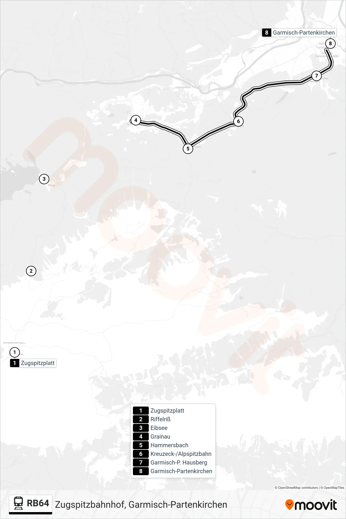 Linie RB64 (Bahn) Richtung Zugspitzbahnhof, Garmisch-Partenkirchen: Route und Haltestellen auf der Karte