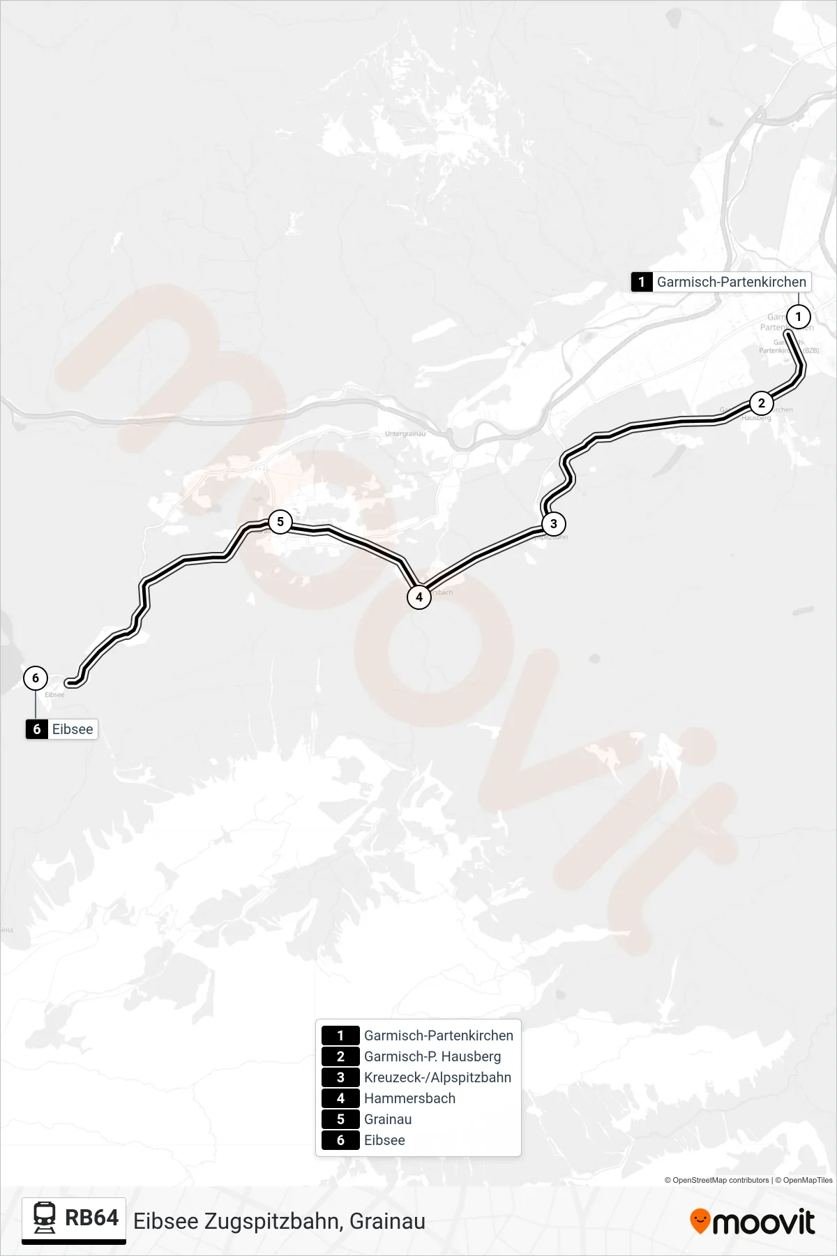 RB64 train Line (Eibsee Zugspitzbahn, Grainau) route and stops on a map