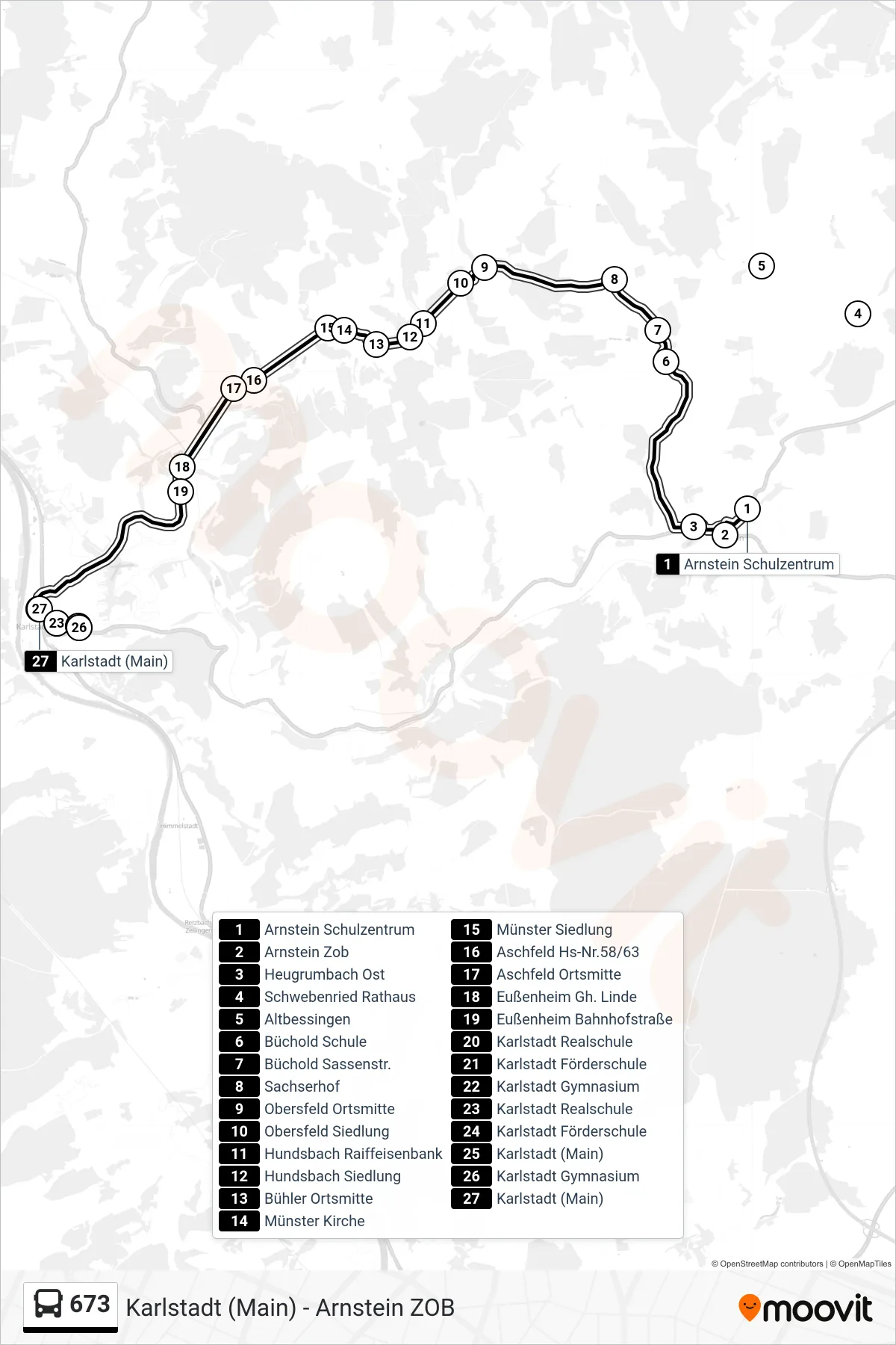 673 bus Line (Karlstadt (Main)) route and stops on a map