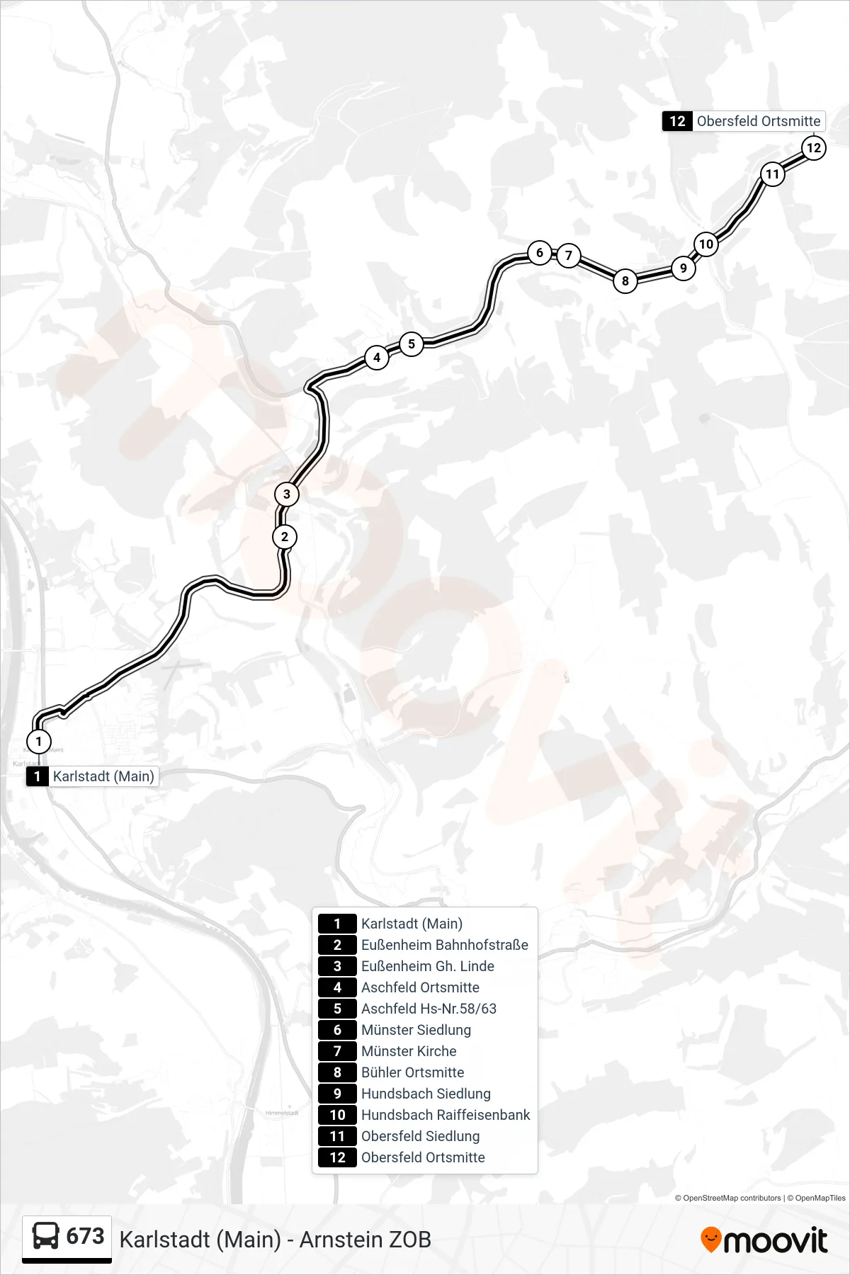 673 bus Line (Obersfeld Ortsmitte) route and stops on a map