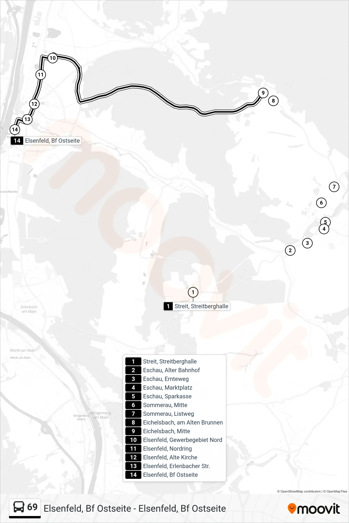 Linie 69 (Bus) Richtung Elsenfeld Bahnhof Ostseite: Route und Haltestellen auf der Karte
