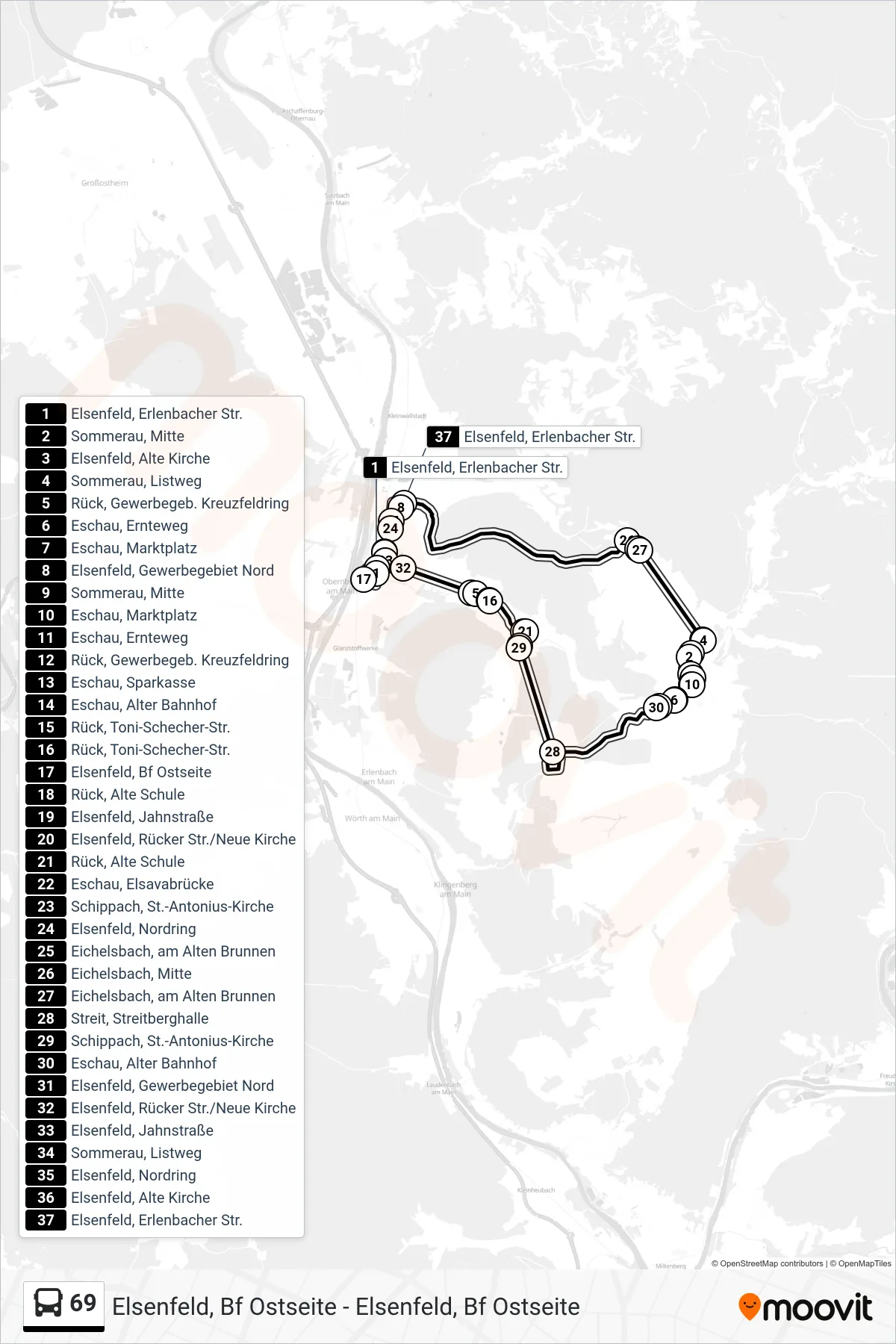 69 bus Line (Elsenfeld, Bf Ostseite) route and stops on a map
