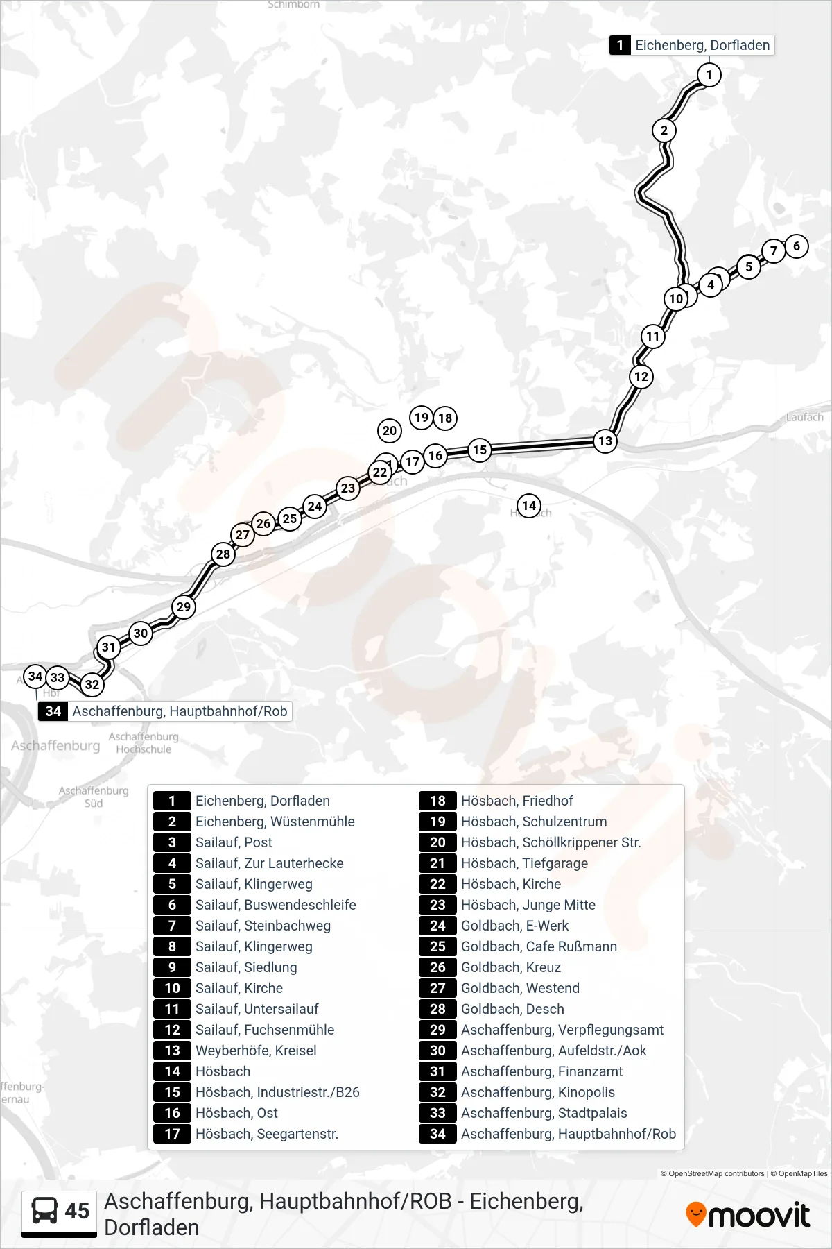 45 bus Line (Aschaffenburg Hbf / Rob) route and stops on a map