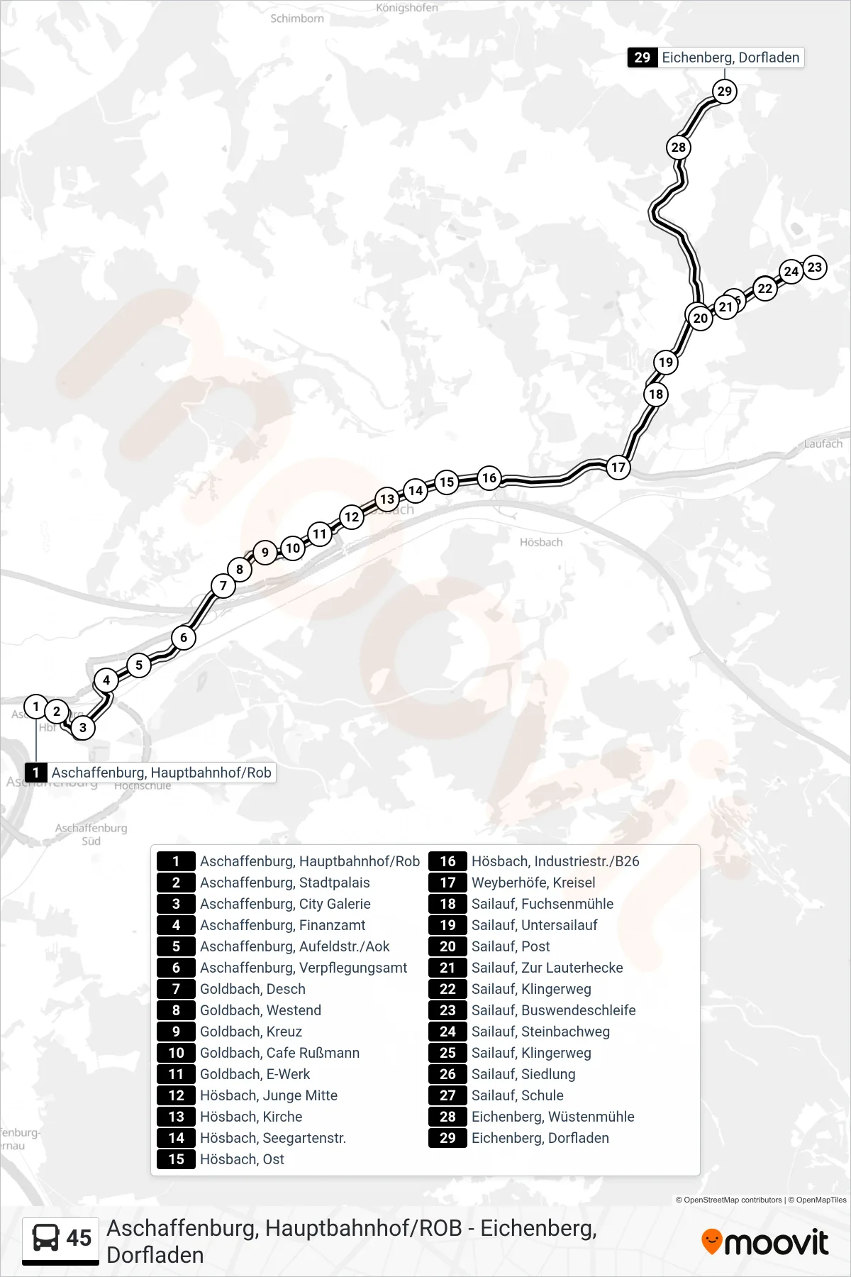 45 bus Line (Laufach - Hain Über Eichenberg) route and stops on a map