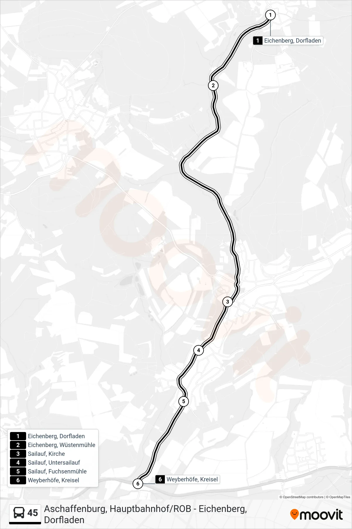 45 bus Line (Laufach - Hain) route and stops on a map