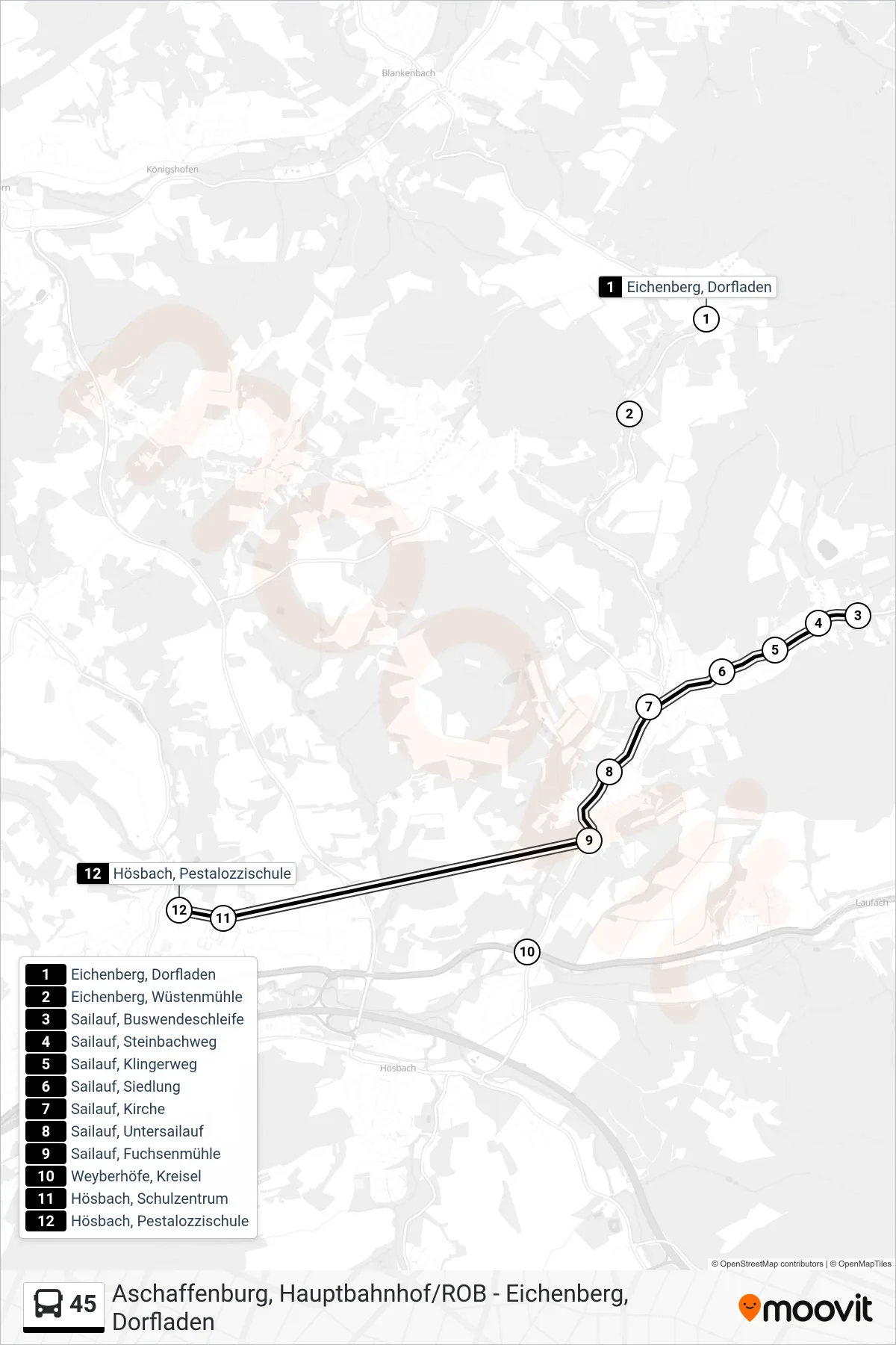 45 bus Line (Hösbach Schulzentrum) route and stops on a map