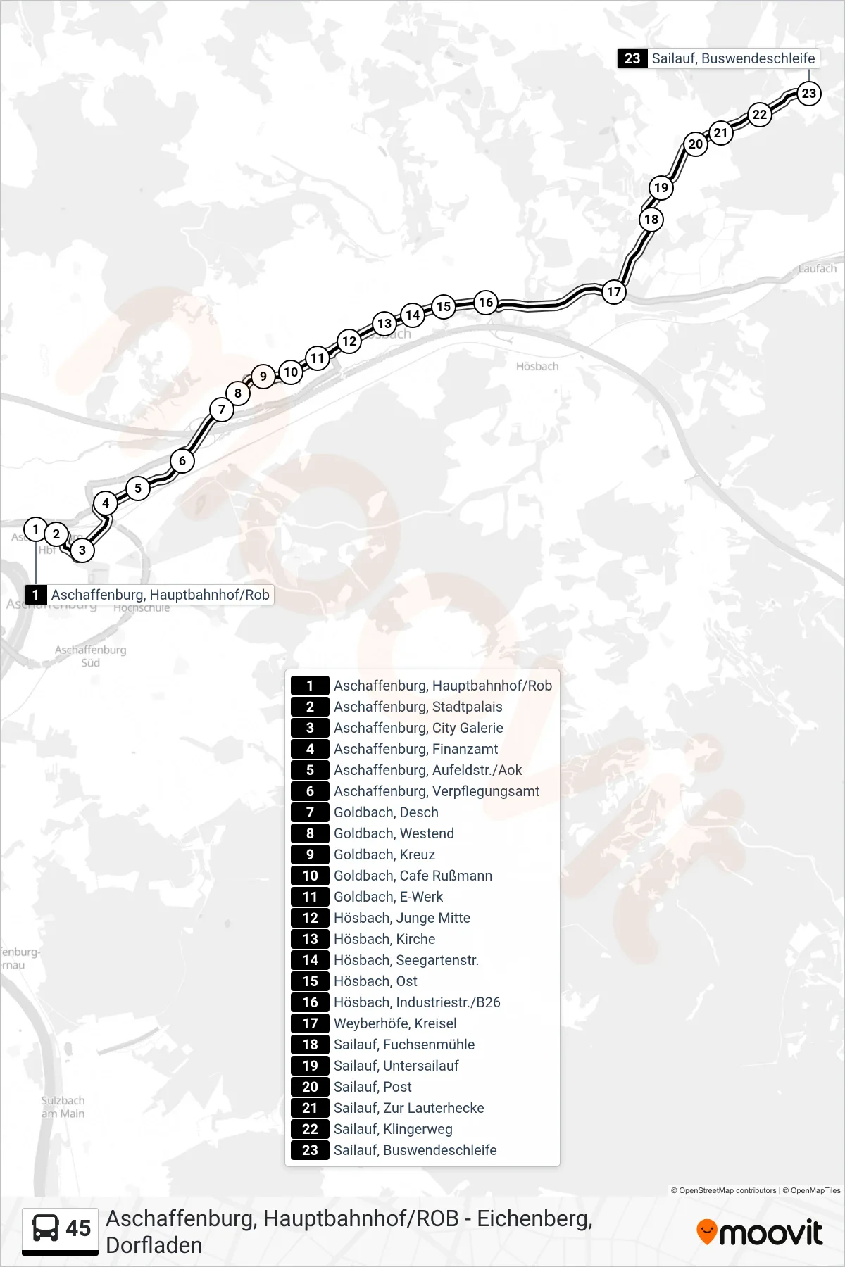 45 bus Line (Sailauf Buswendeschleife) route and stops on a map