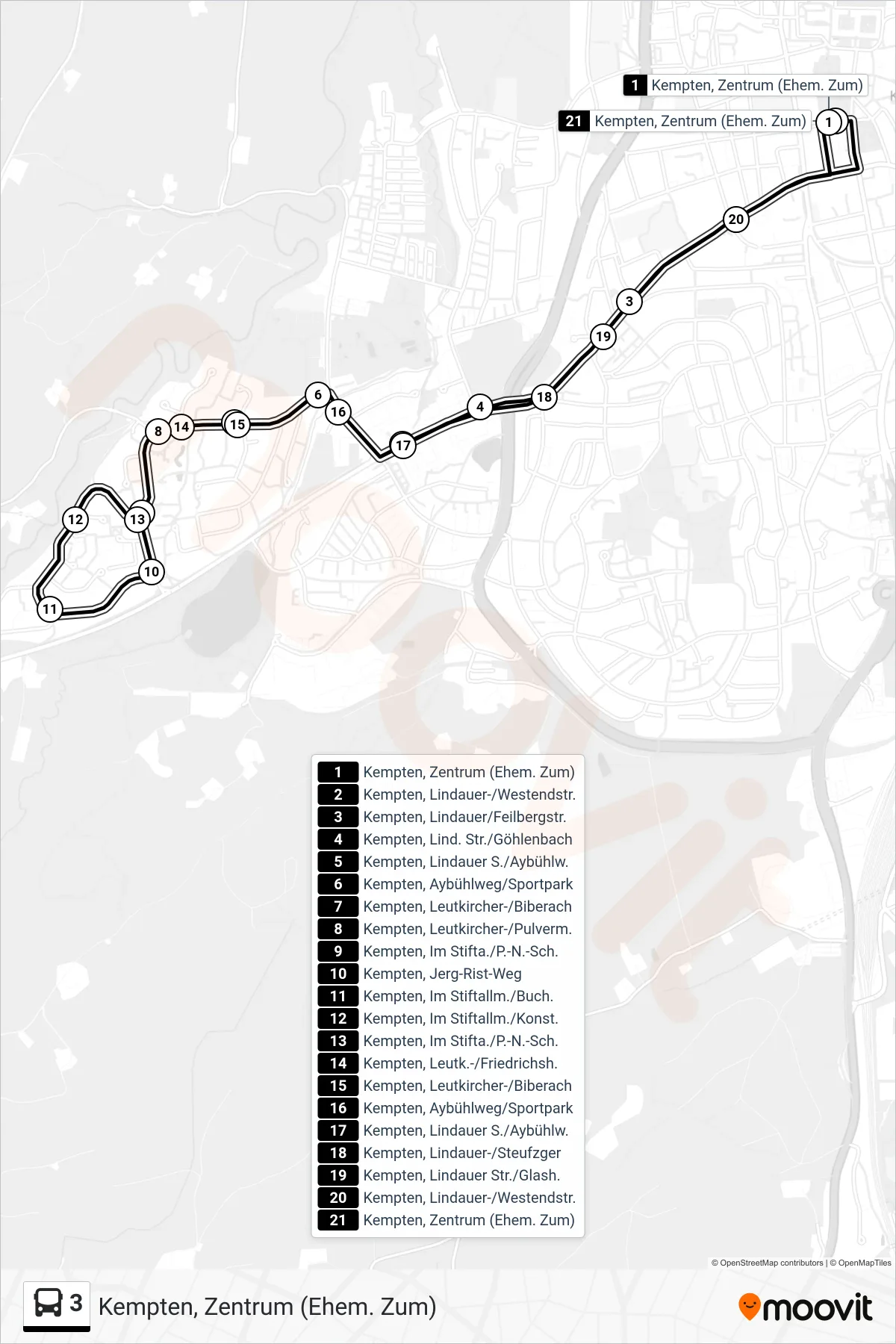 Linie 3 (Bus) Richtung Kempten, Zentrum (Ehem. Zum): Route und Haltestellen auf der Karte
