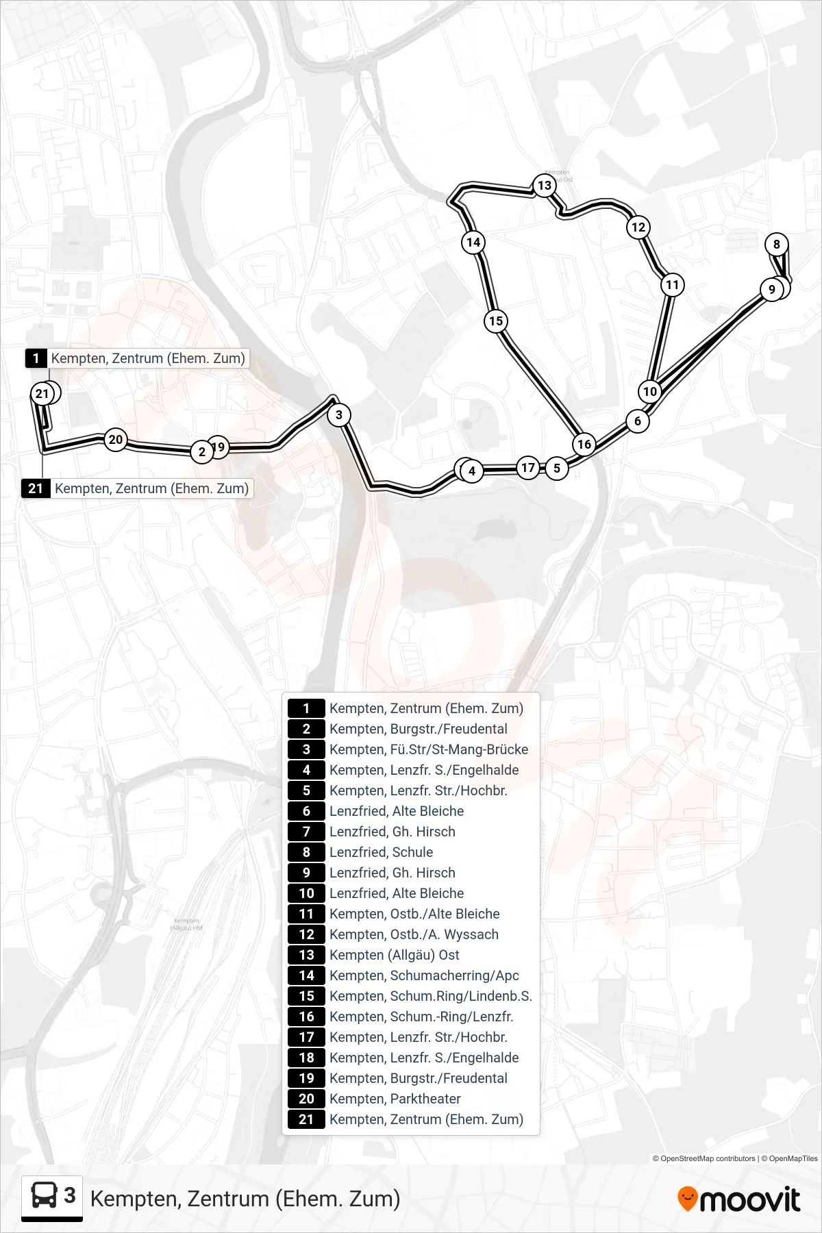 3 bus Line (Kempten, Zentrum (Ehem. Zum)) route and stops on a map