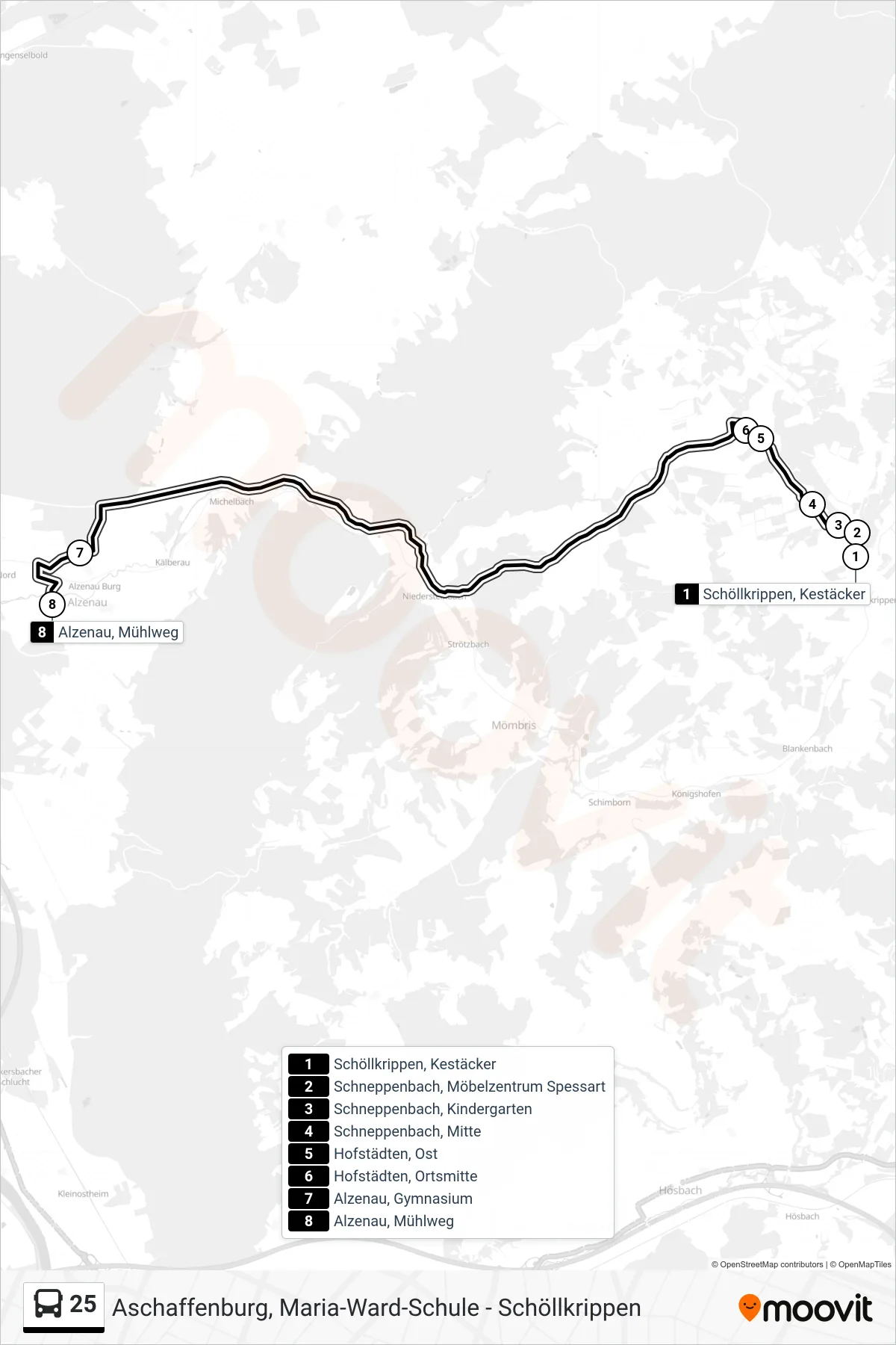 25 bus Line (Alzenau) route and stops on a map
