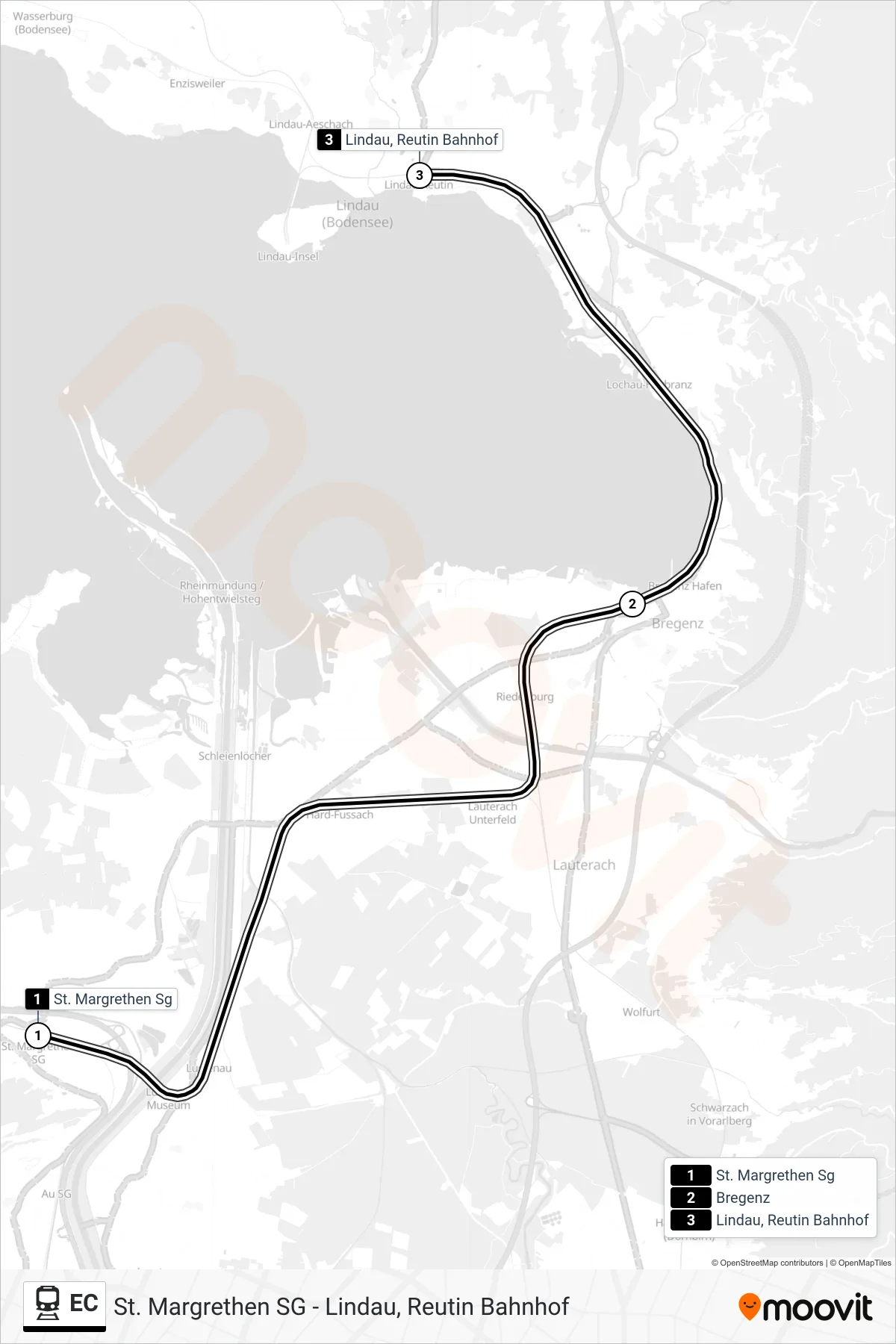 Linie EC (Bahn) Richtung Lindau, Reutin Bahnhof: Route und Haltestellen auf der Karte