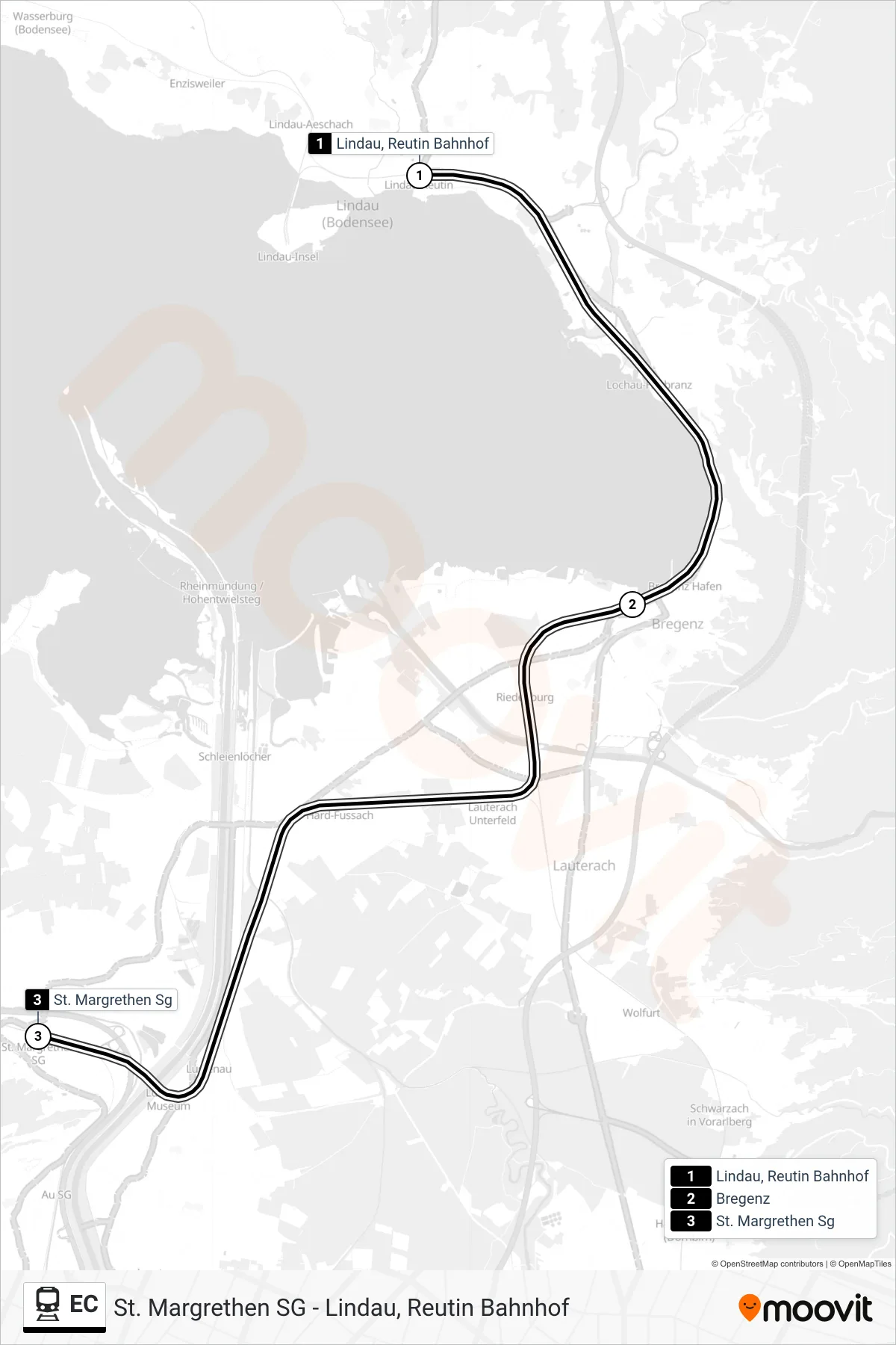 EC train Line (St. Margrethen Sg) route and stops on a map