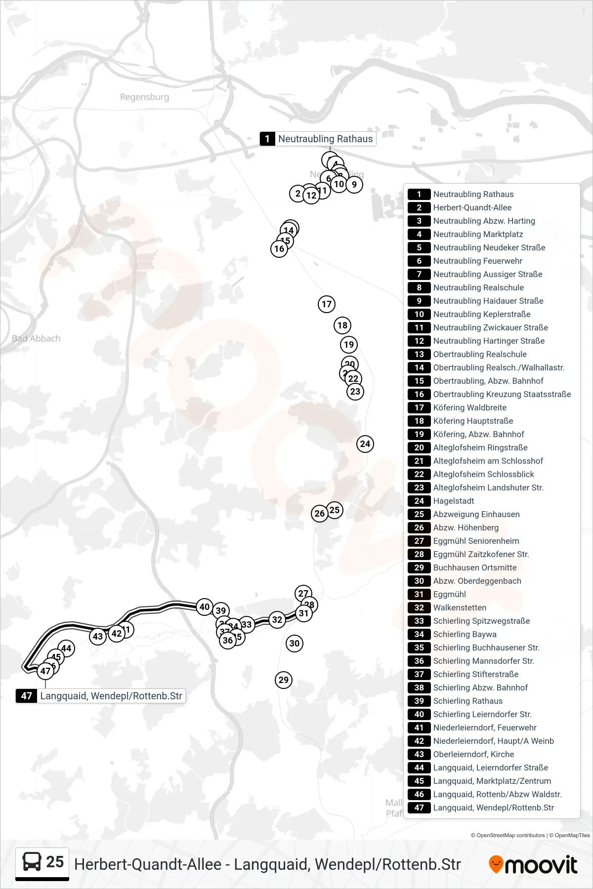 25 bus Line (Langquaid, Wendepl/Rottenb.Str) route and stops on a map