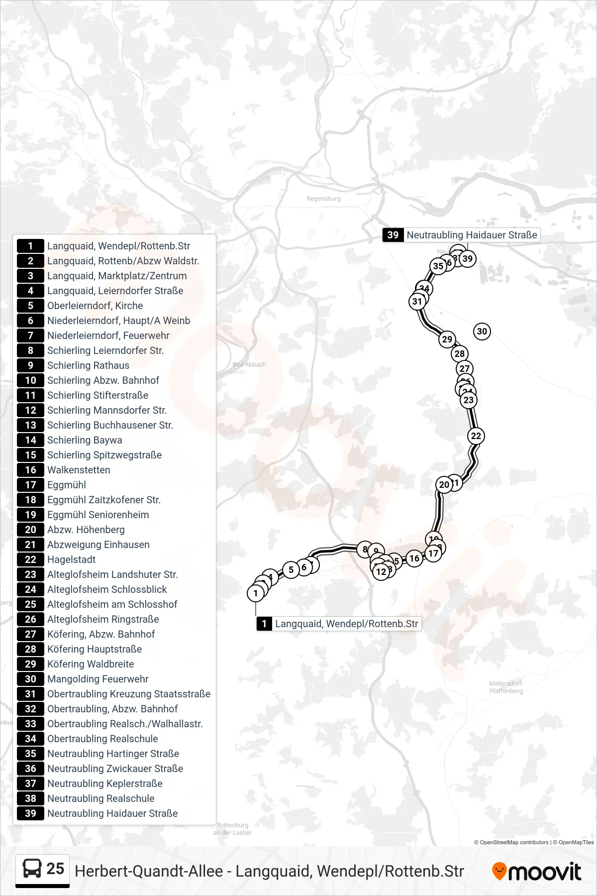 25 bus Line (Neutraubling - Regensburg Hbf.) route and stops on a map