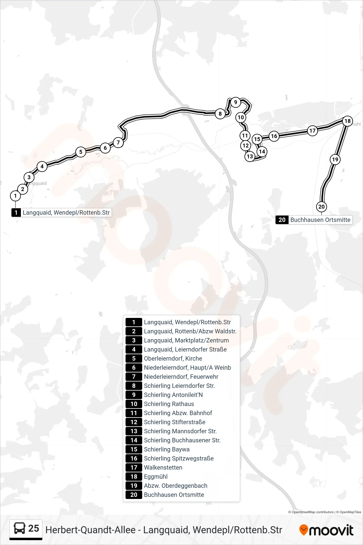 25 bus Line (Buchhausen Ortsmitte) route and stops on a map