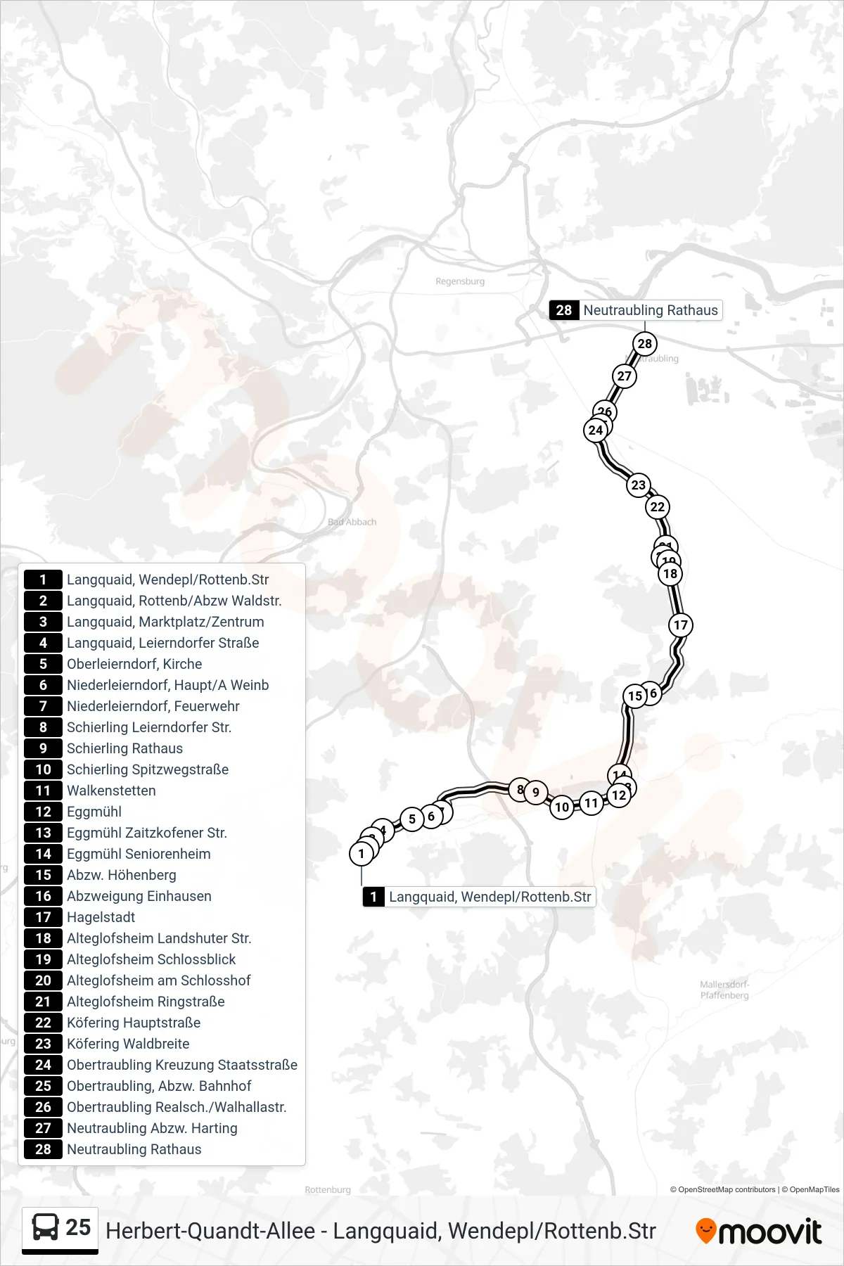 25 bus Line (Neutraubling Rathaus) route and stops on a map