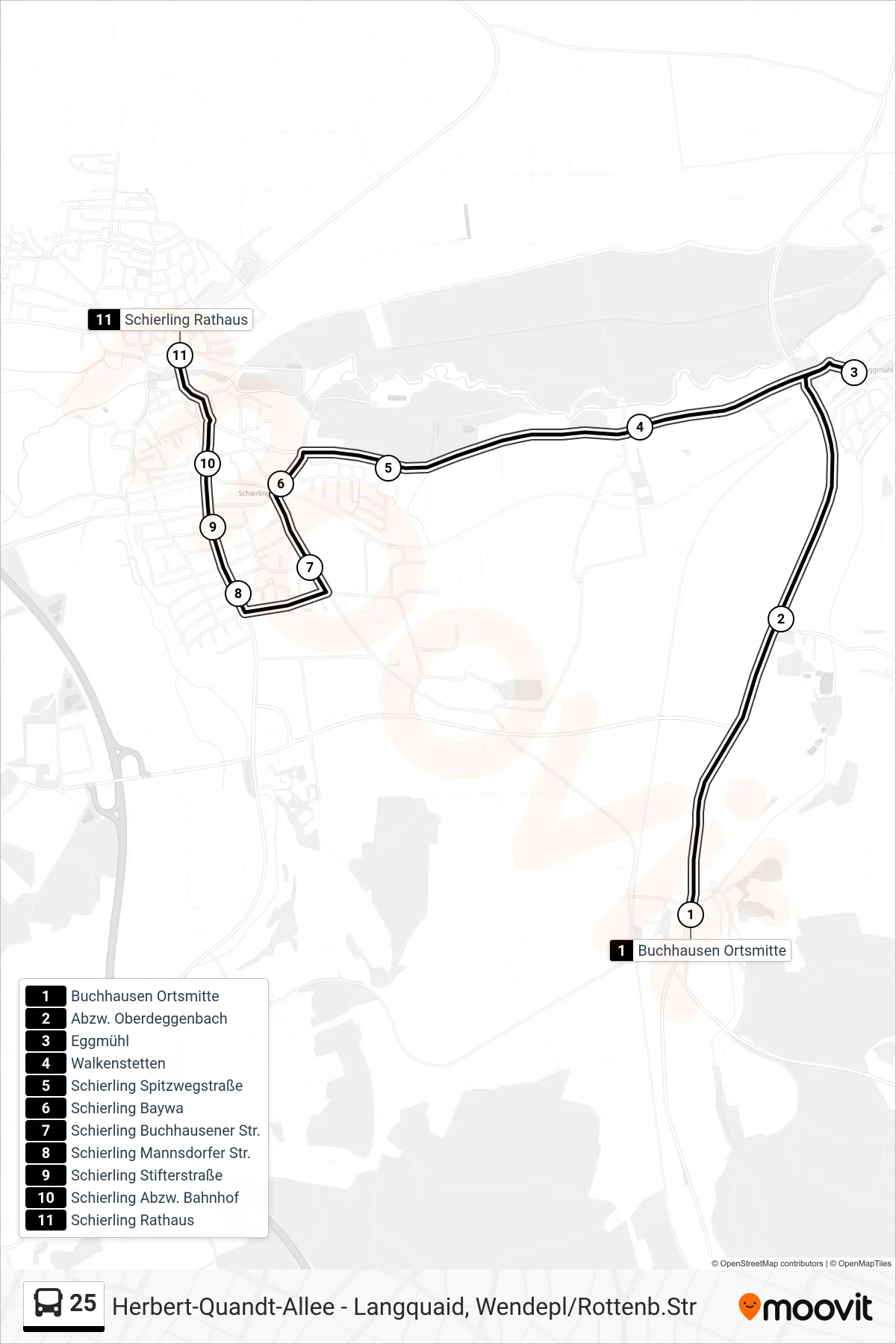 25 bus Line (Schierling Rathaus) route and stops on a map