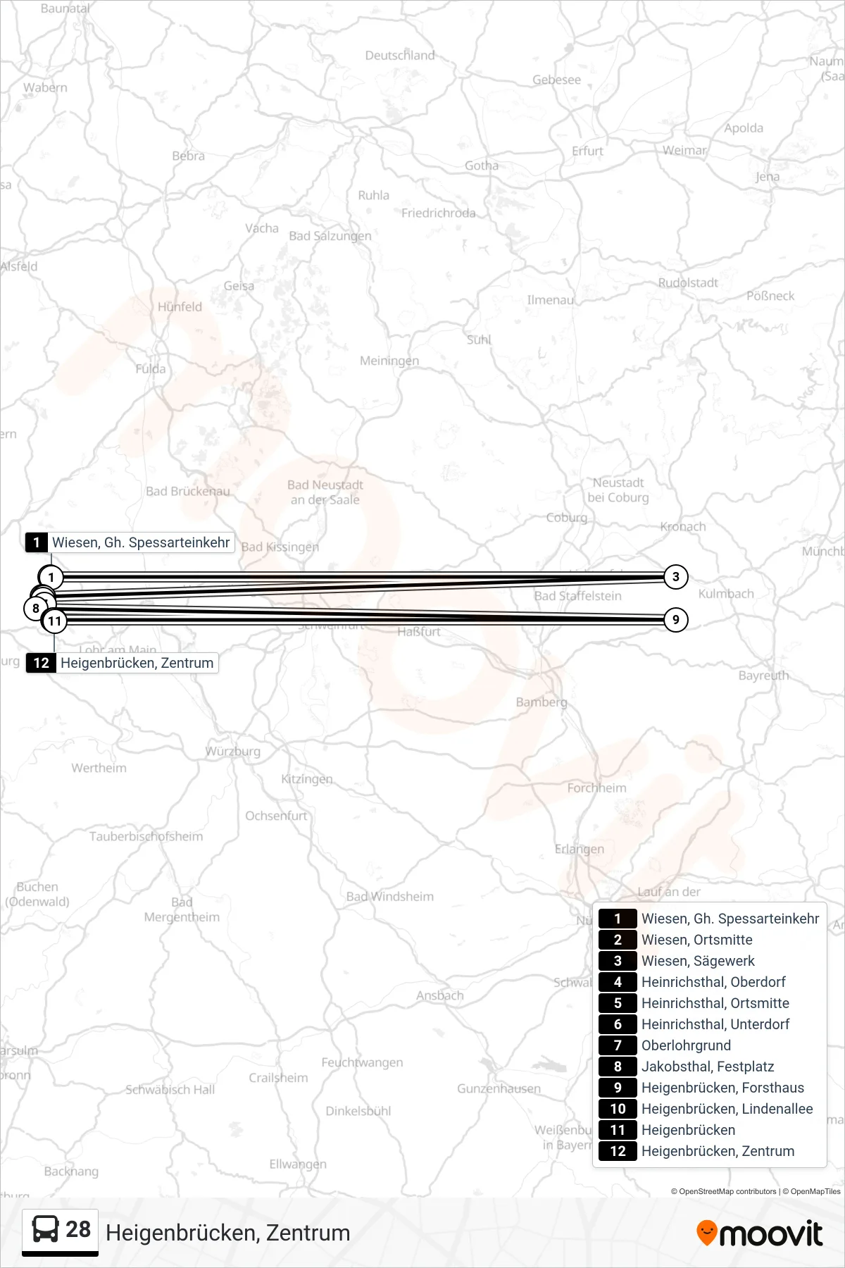 28 bus Line (Heigenbrücken, Zentrum) route and stops on a map