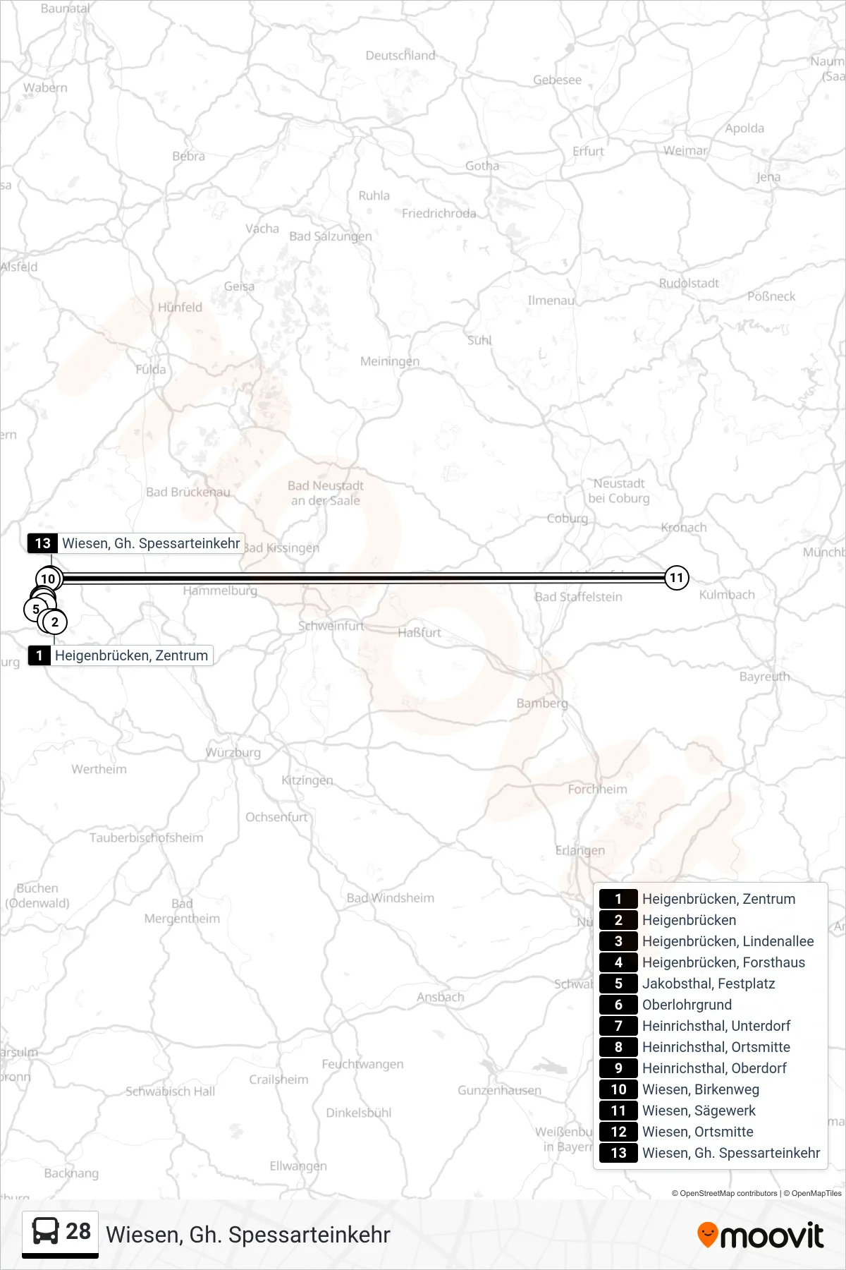Linie 28 (Bus) Richtung Wiesen, Gh. Spessarteinkehr: Route und Haltestellen auf der Karte