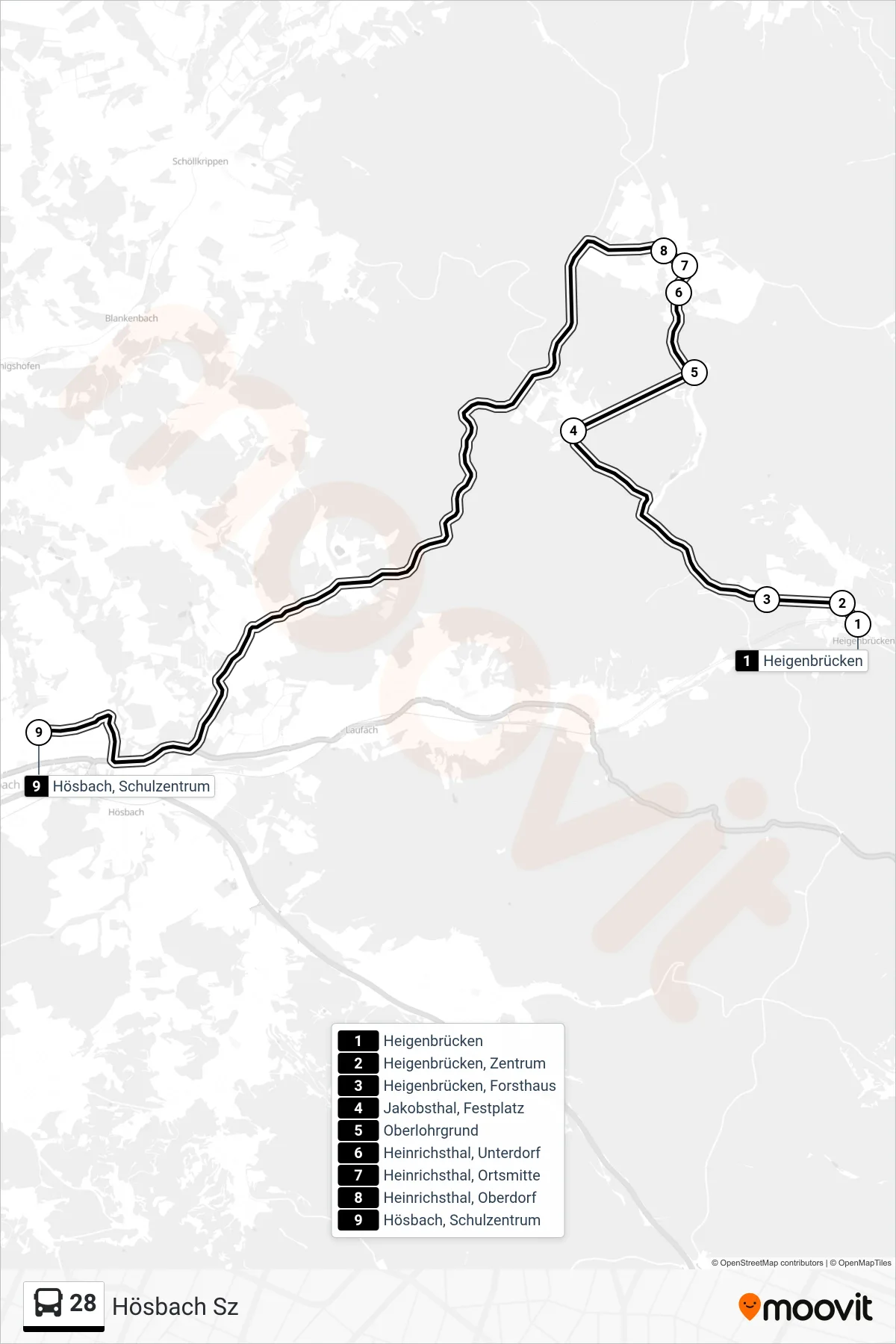 28 bus Line (Hösbach Sz) route and stops on a map