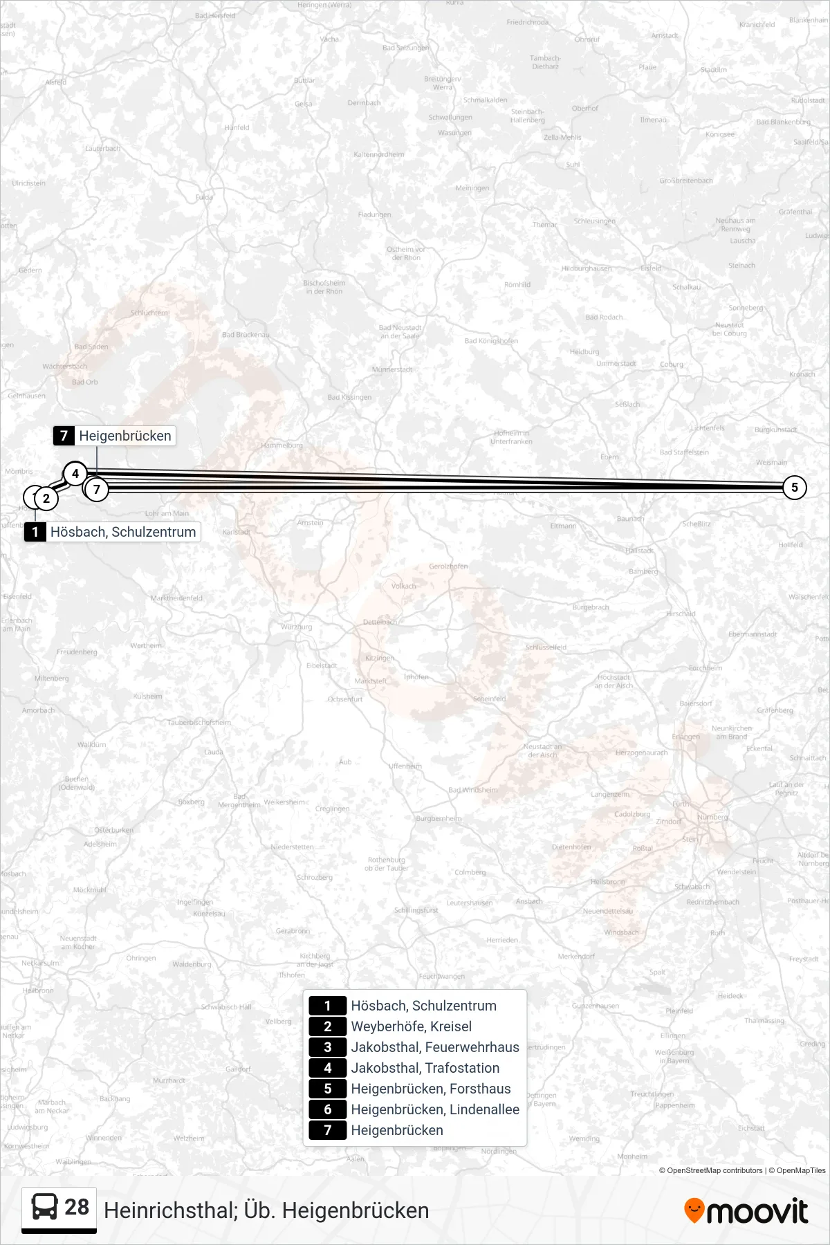 28 bus Line (Heinrichsthal; Üb. Heigenbrücken) route and stops on a map
