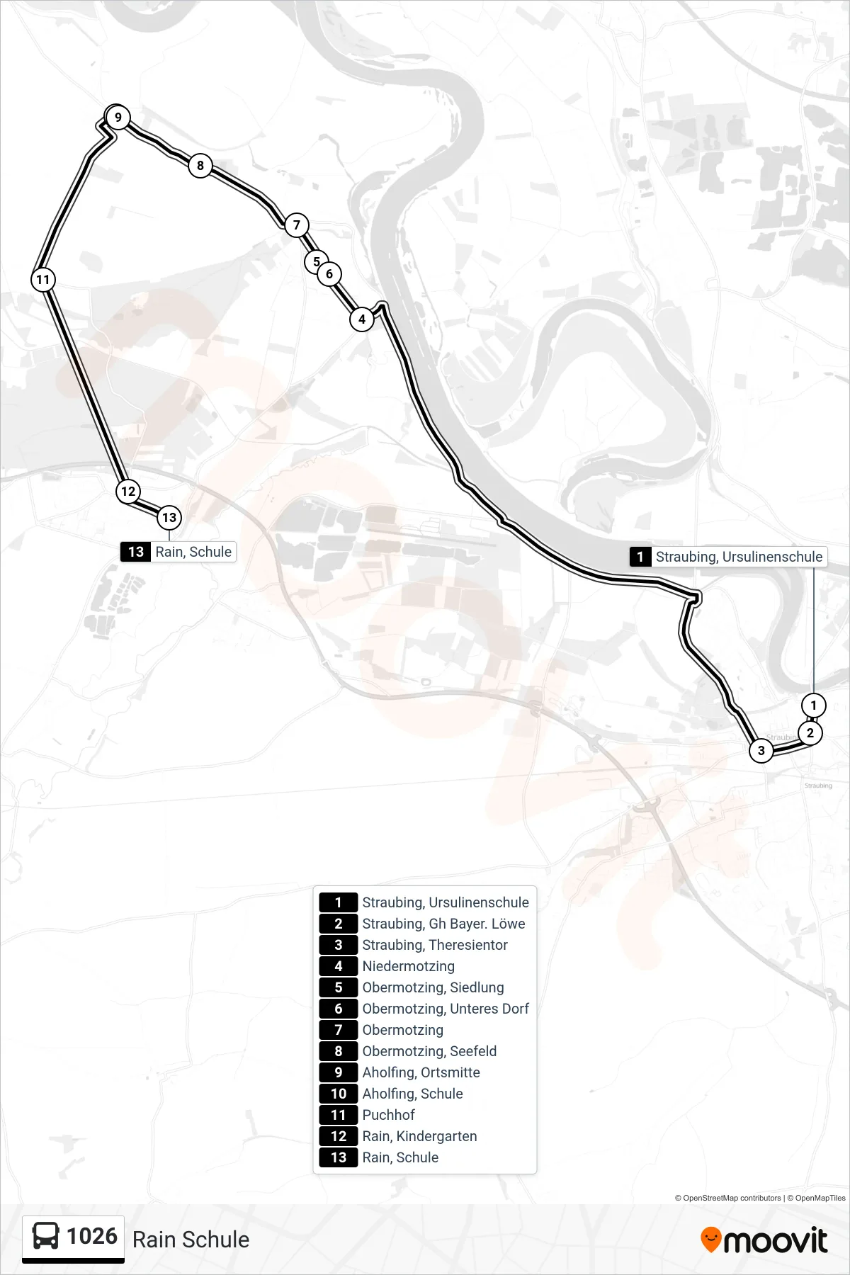 1026 bus Line (Rain Schule) route and stops on a map