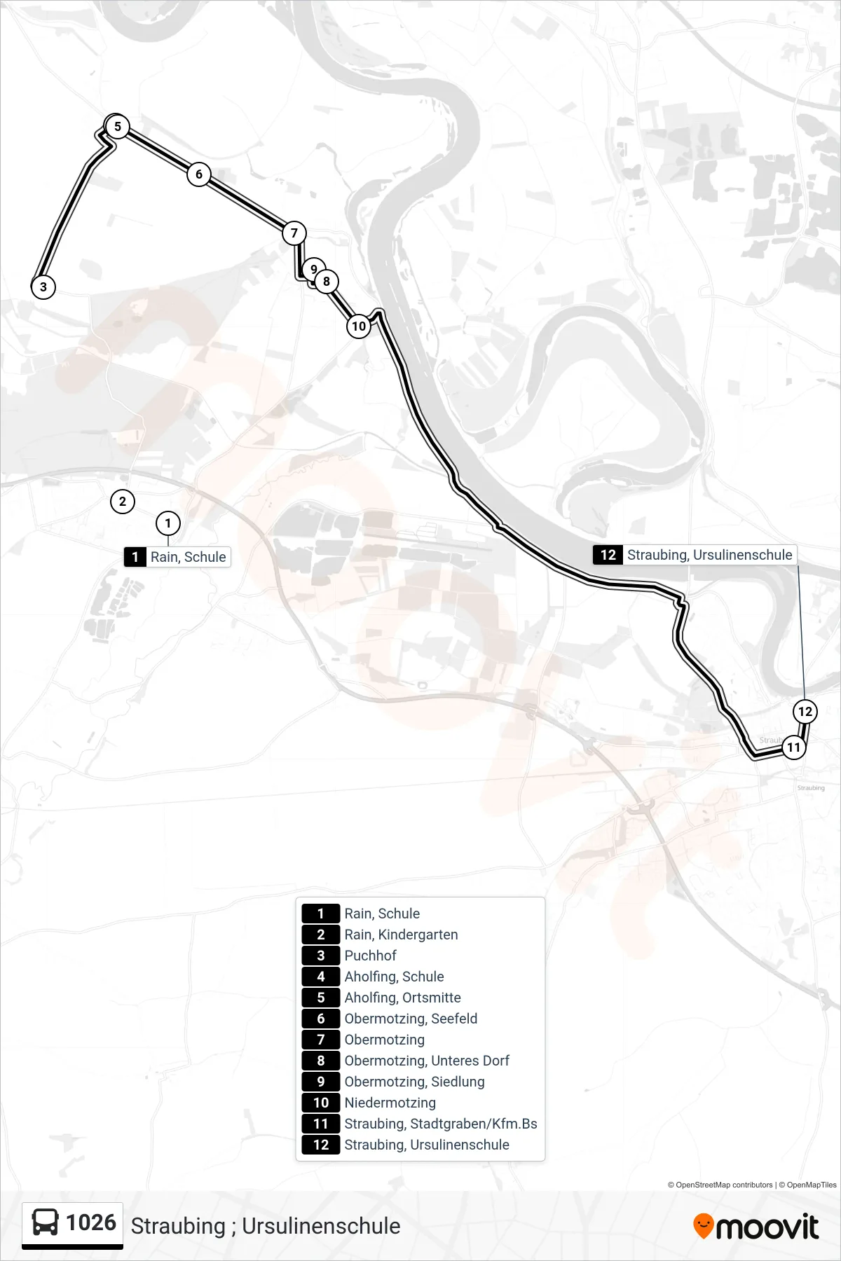 Linie 1026 (Bus) Richtung Straubing ; Ursulinenschule: Route und Haltestellen auf der Karte
