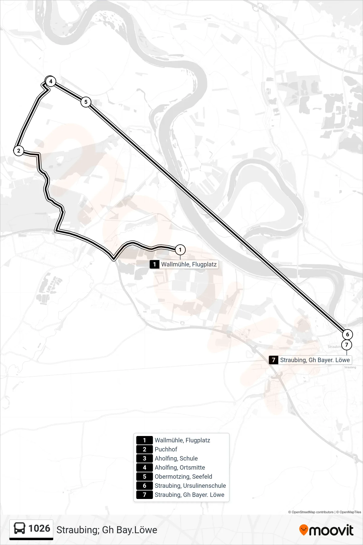 Linie 1026 (Bus) Richtung Straubing; Gh Bay.Löwe: Route und Haltestellen auf der Karte