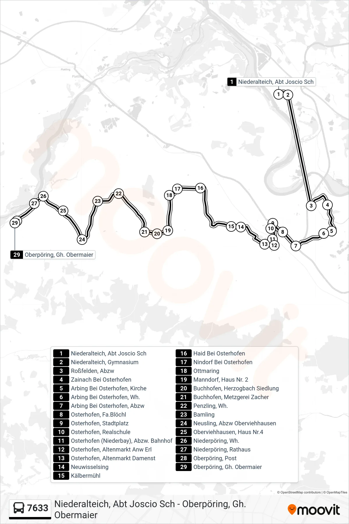 7633 bus Line (Oberpöring) route and stops on a map