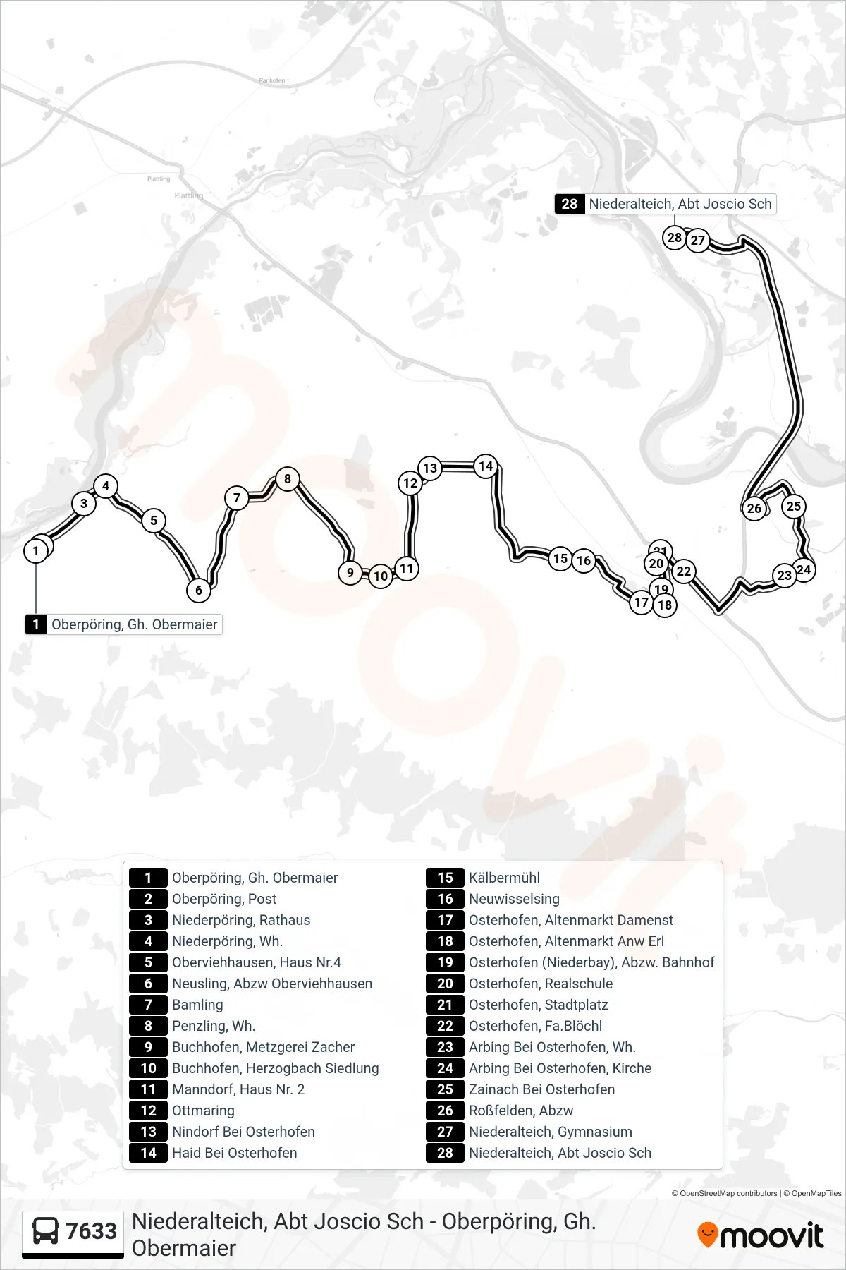 7633 bus Line (Niederalteich) route and stops on a map