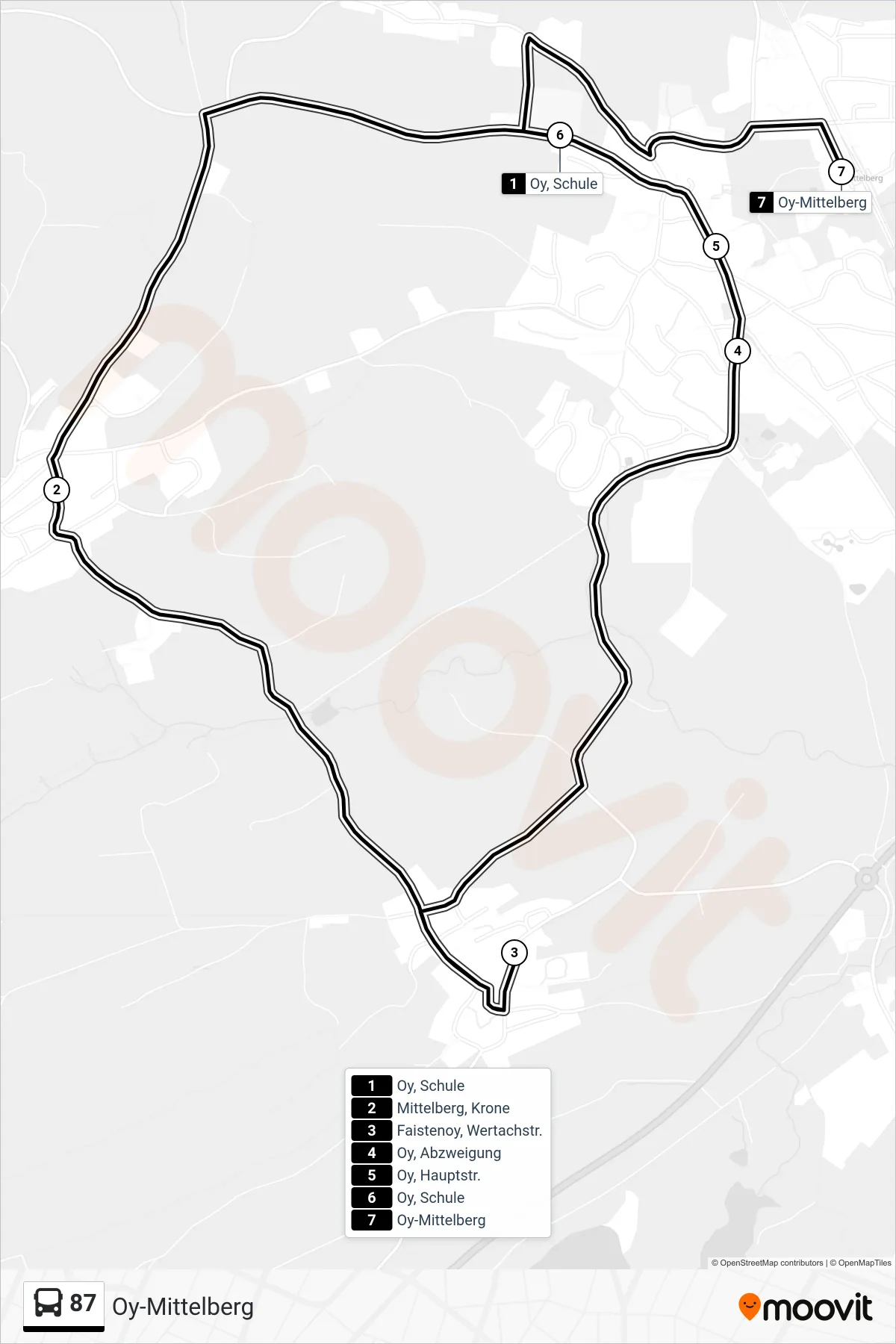 87 bus Line (Oy-Mittelberg) route and stops on a map