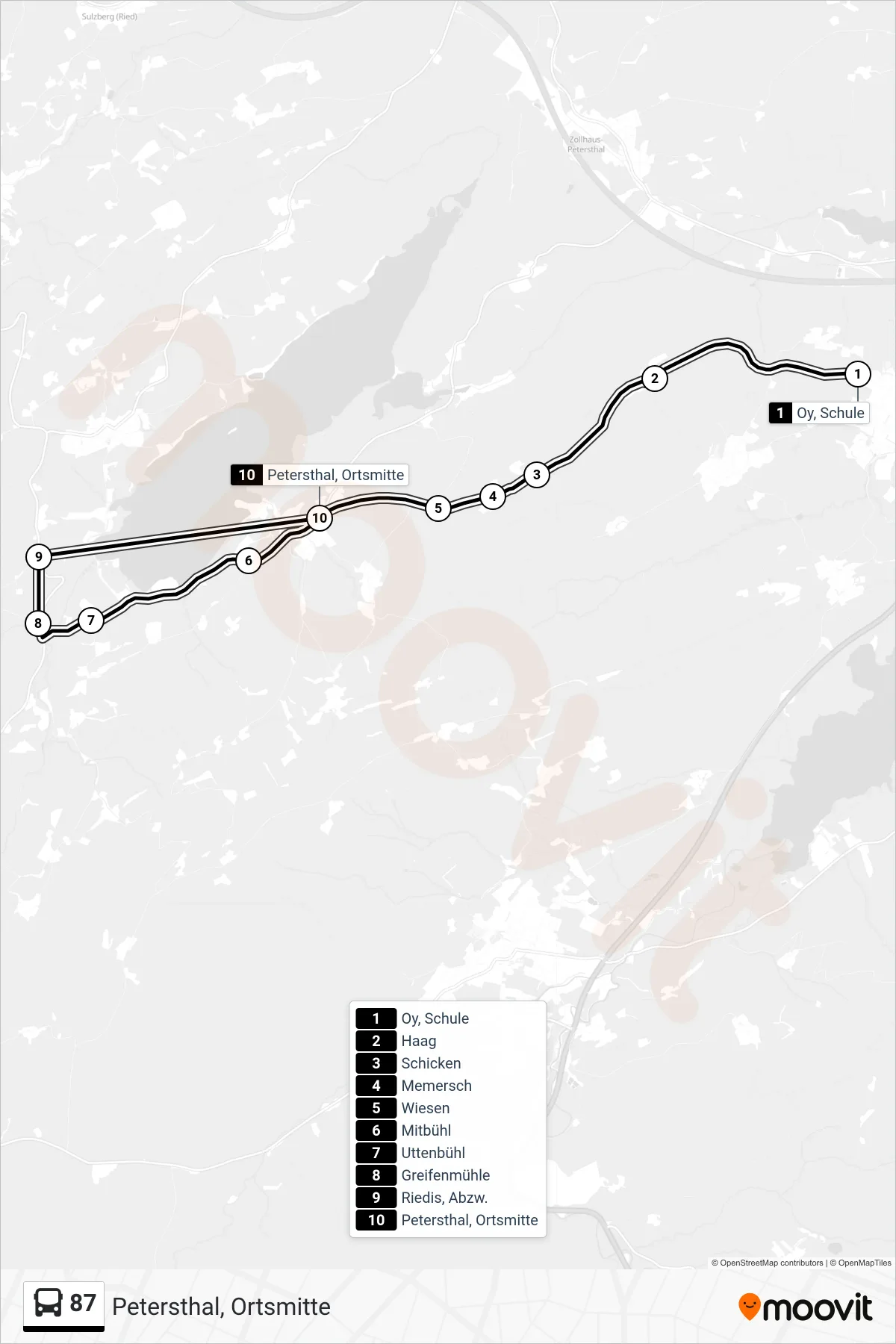87 bus Line (Petersthal, Ortsmitte) route and stops on a map