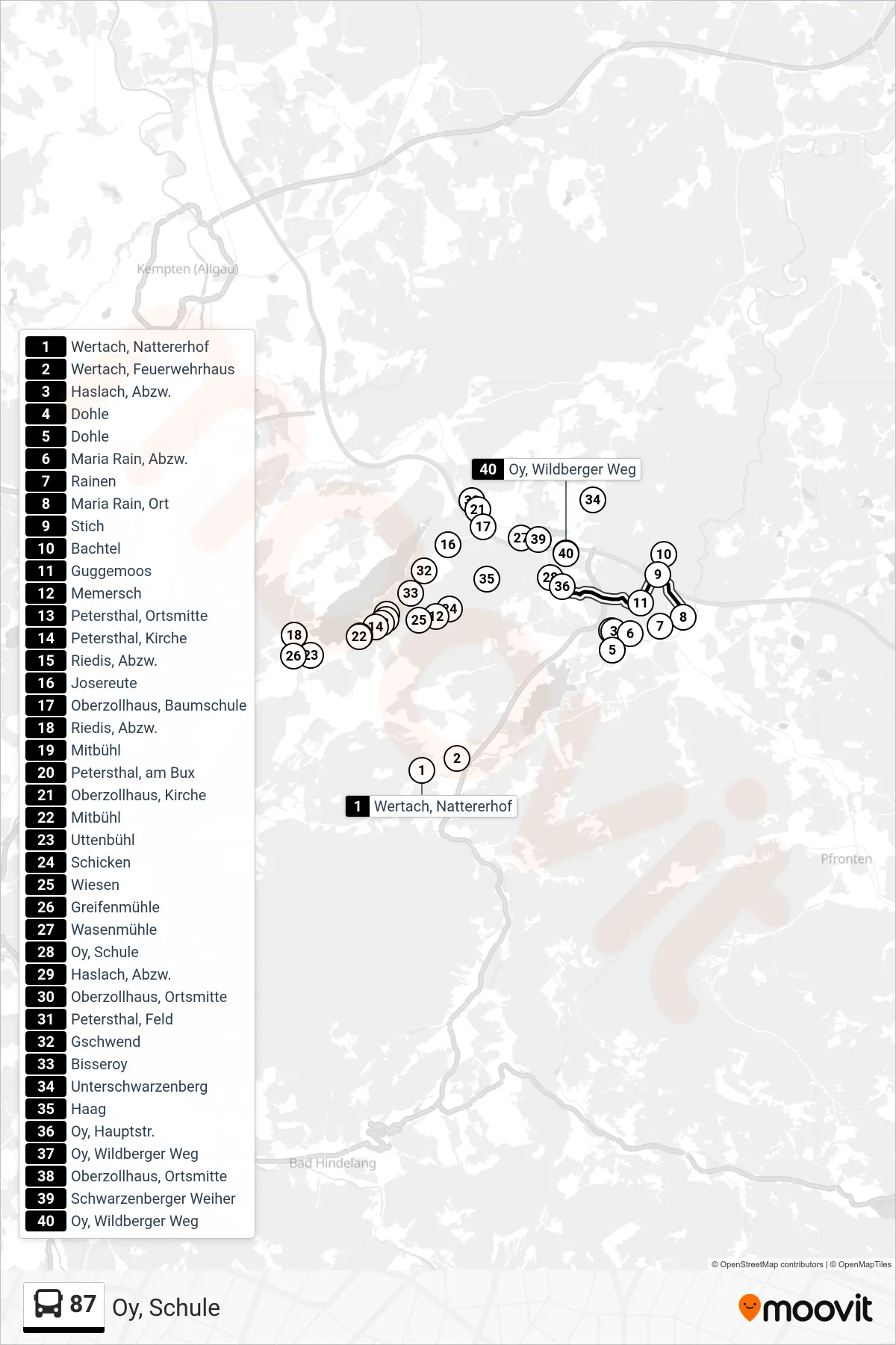 87 bus Line (Oy, Schule) route and stops on a map