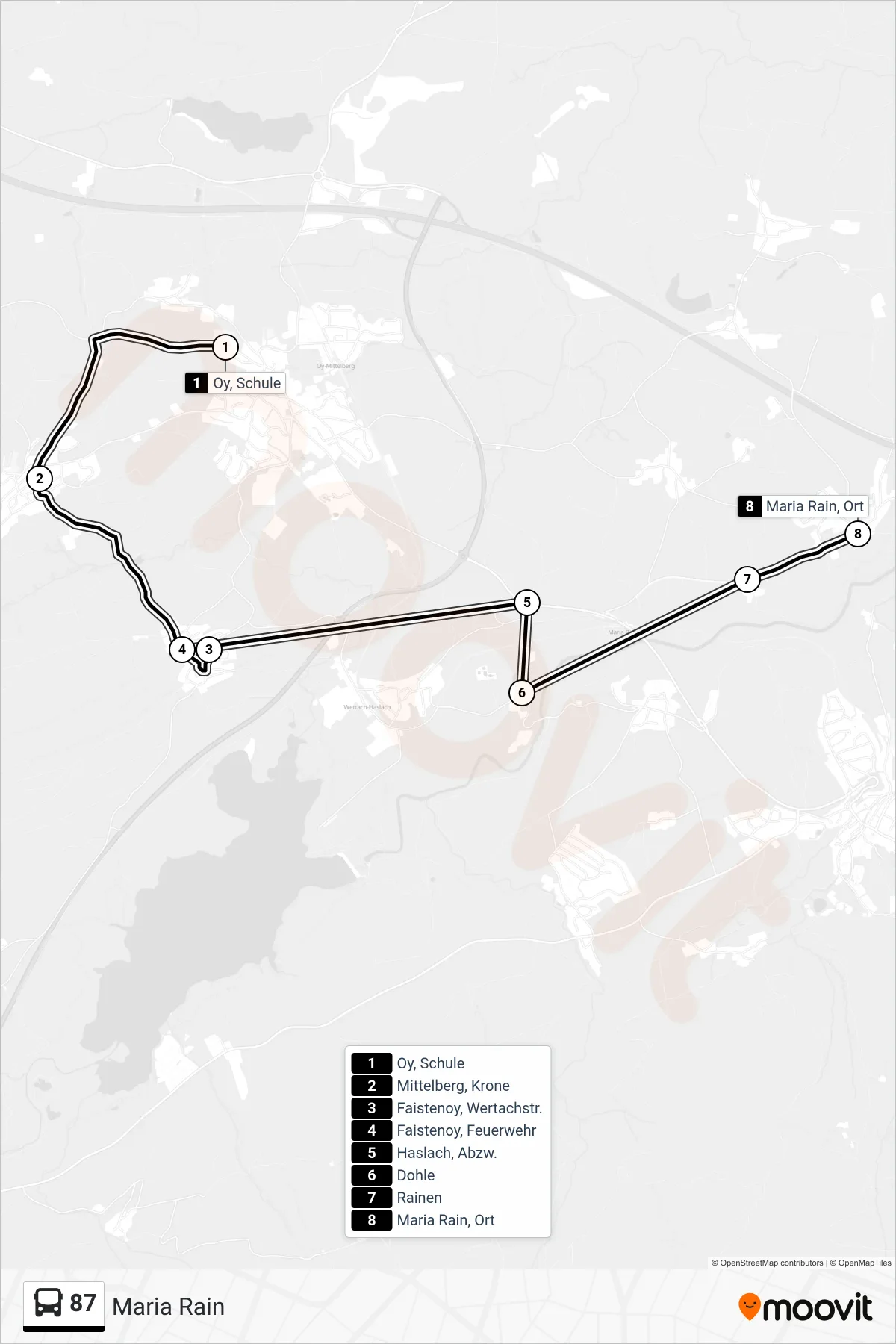 87 bus Line (Maria Rain) route and stops on a map