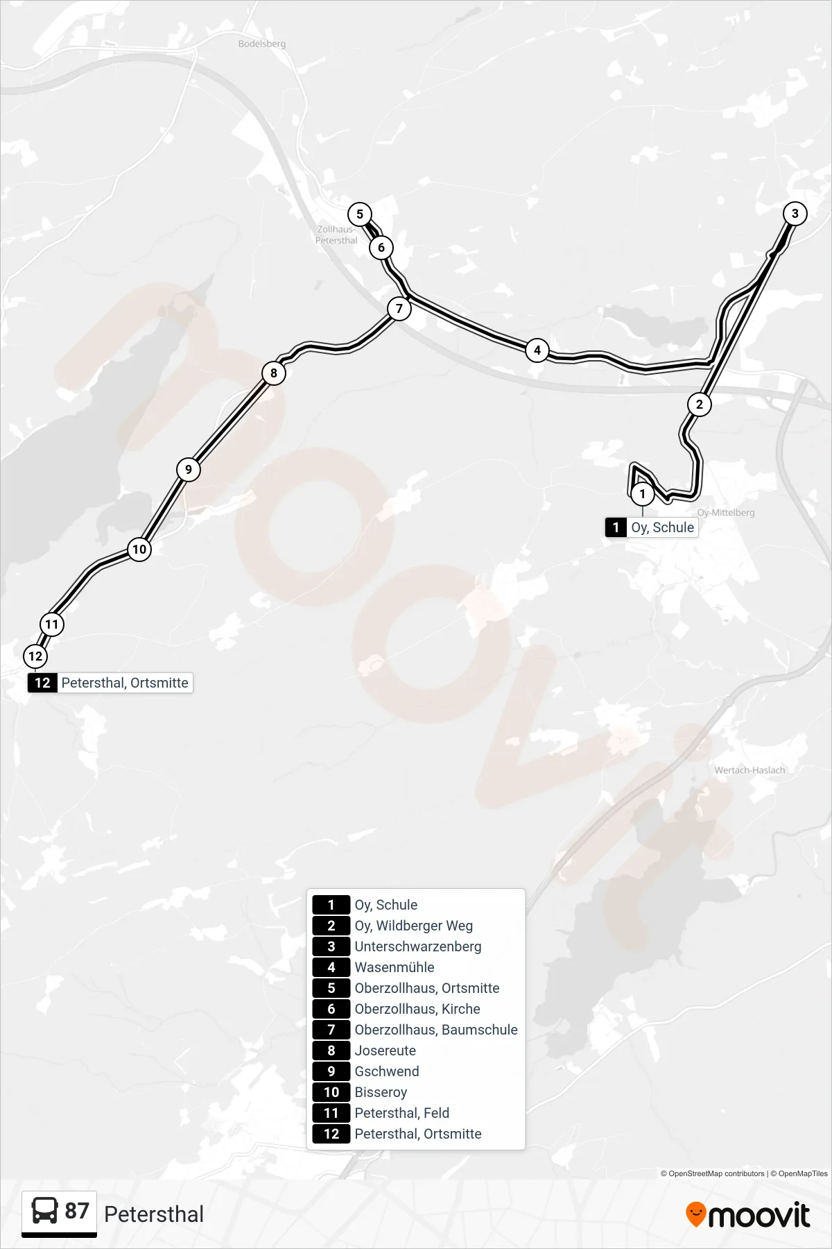 Linie 87 (Bus) Richtung Petersthal: Route und Haltestellen auf der Karte