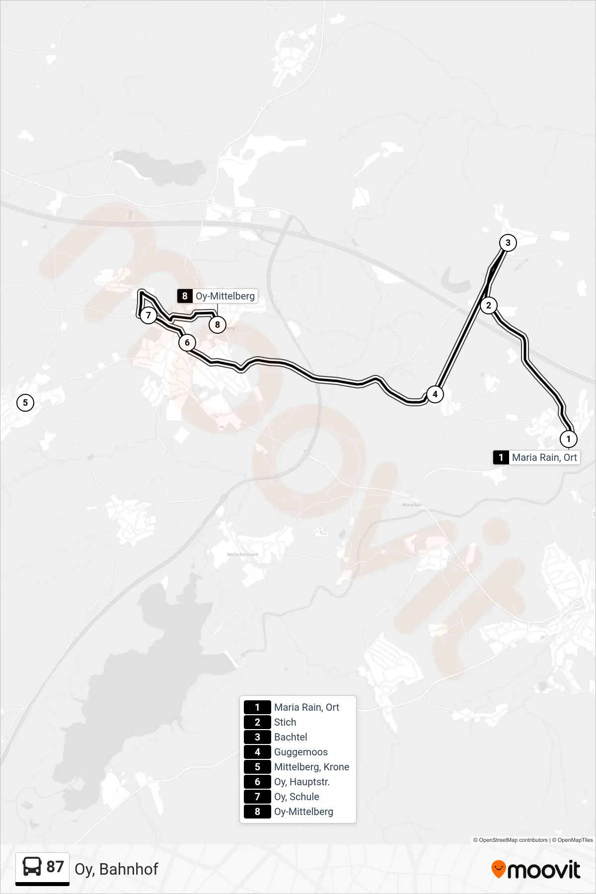 Linie 87 (Bus) Richtung Oy, Bahnhof: Route und Haltestellen auf der Karte