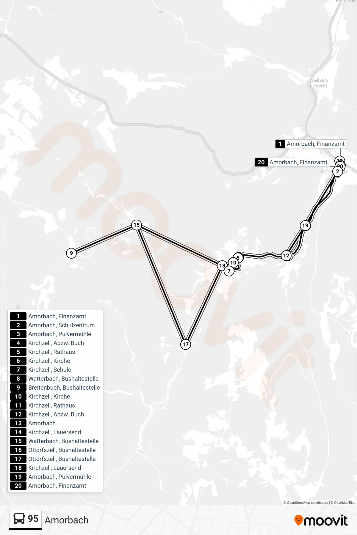 95 bus Line (Amorbach) route and stops on a map